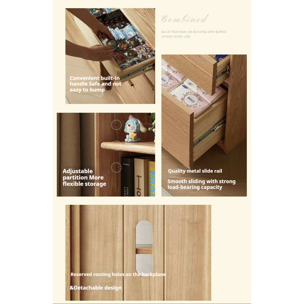 Oak Solid Wood Narrow Tall Bookcase with Open Display Shelf and Two-Tone Storage Drawers
