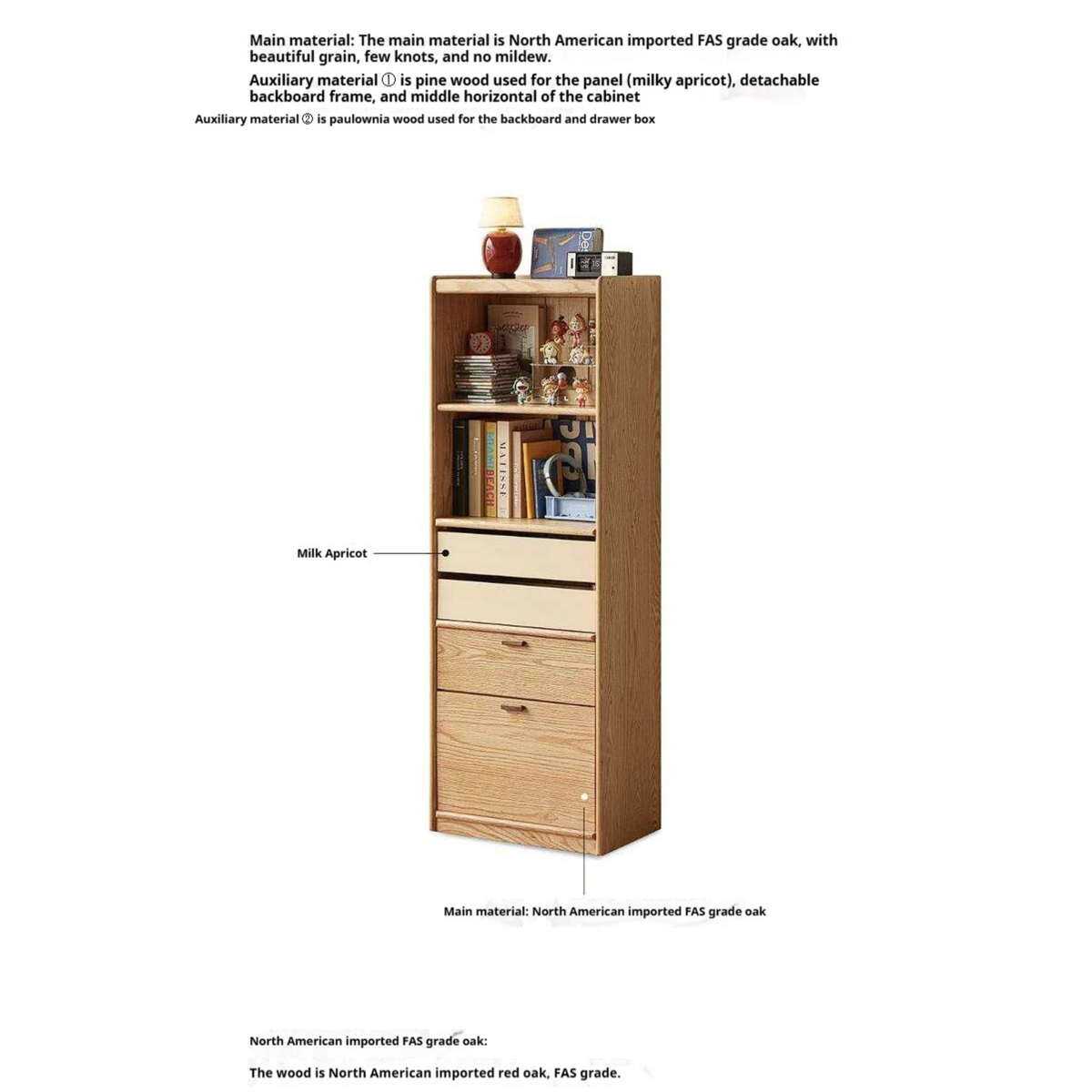 Oak Solid Wood Narrow Tall Bookcase with Open Display Shelf and Two-Tone Storage Drawers