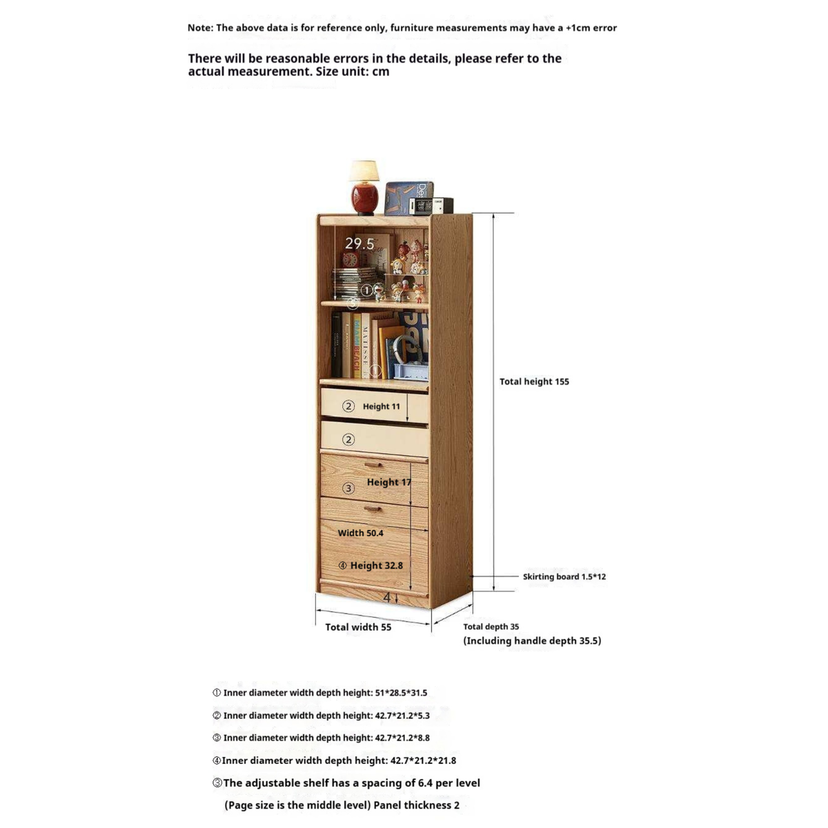 Oak Solid Wood Narrow Tall Bookcase with Open Display Shelf and Two-Tone Storage Drawers