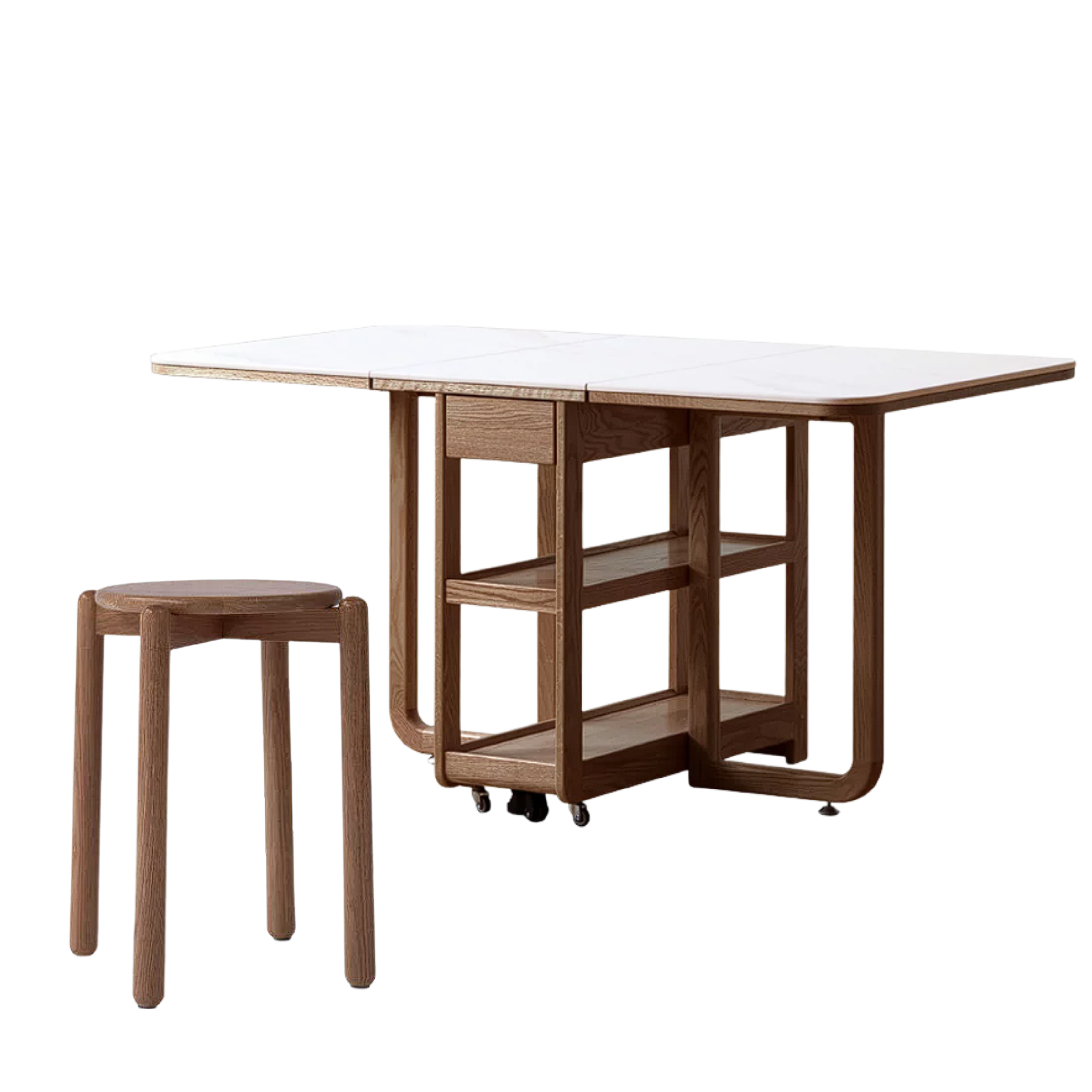 Oak, Rubberwood Solid Wood Folding Multi-Functional Storage Telescopic Dining Table