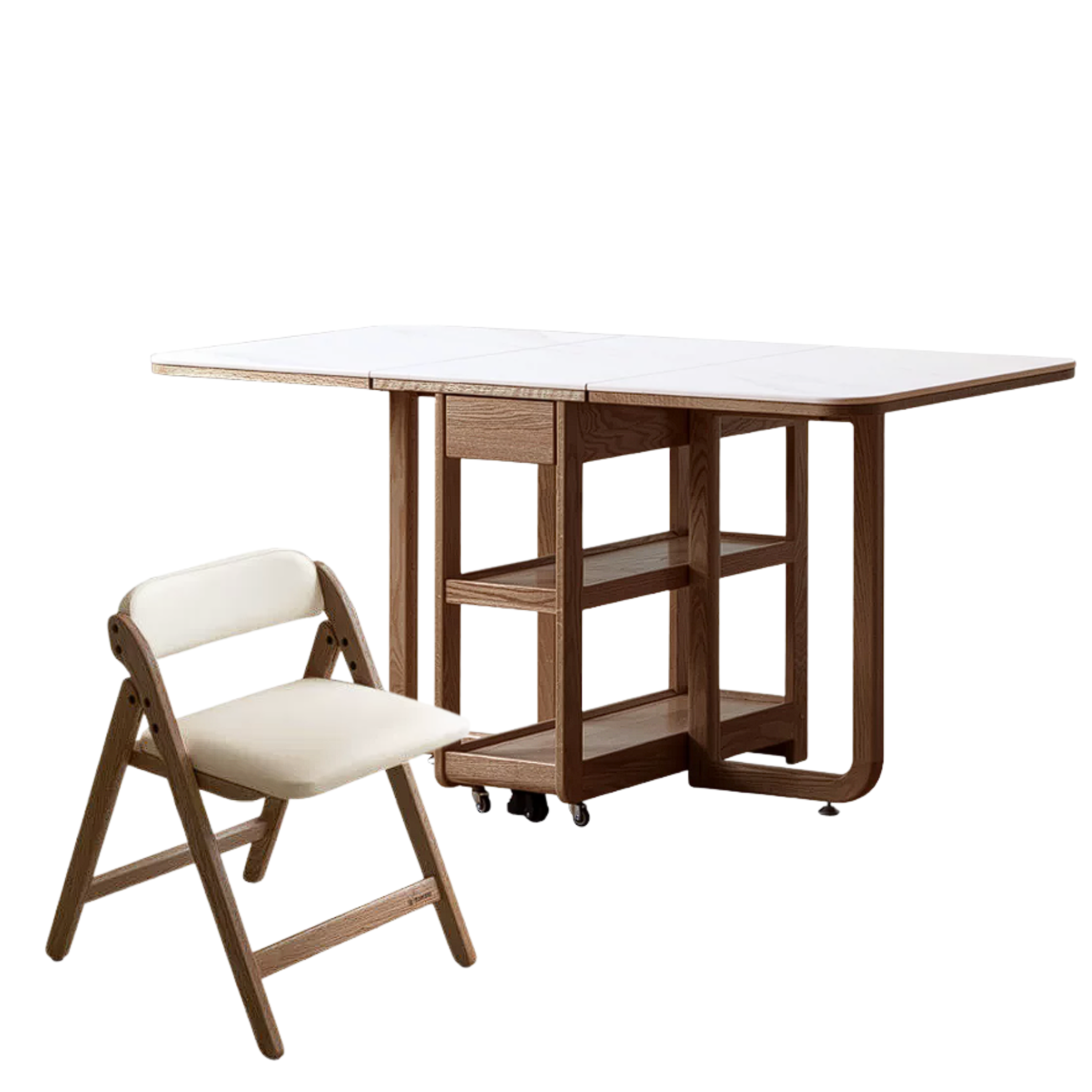 Oak, Rubberwood Solid Wood Folding Multi-Functional Storage Telescopic Dining Table