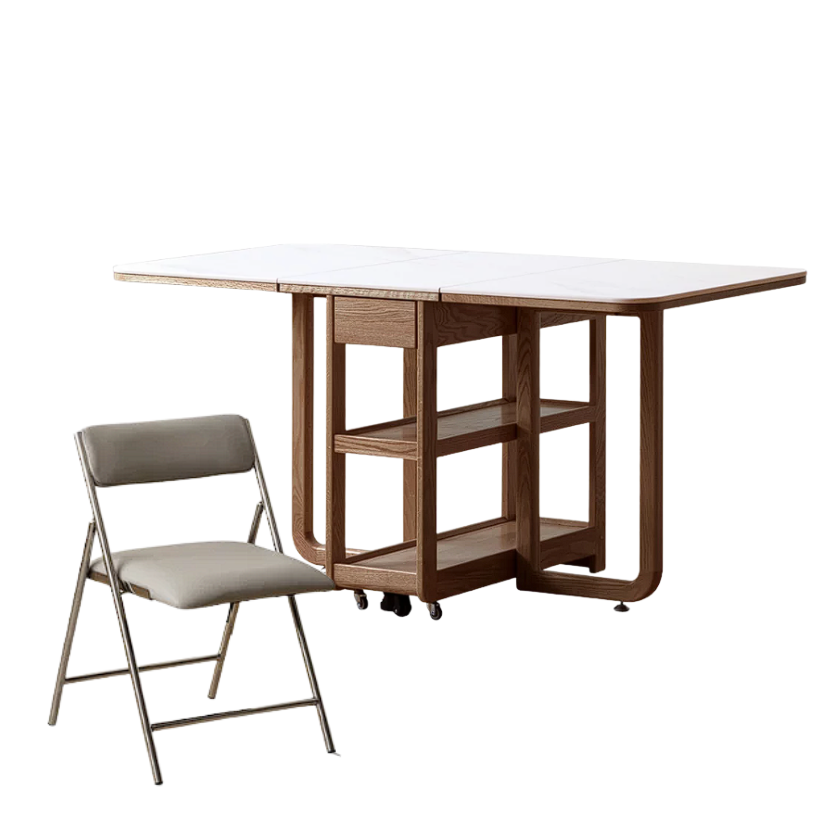 Oak, Rubberwood Solid Wood Folding Multi-Functional Storage Telescopic Dining Table
