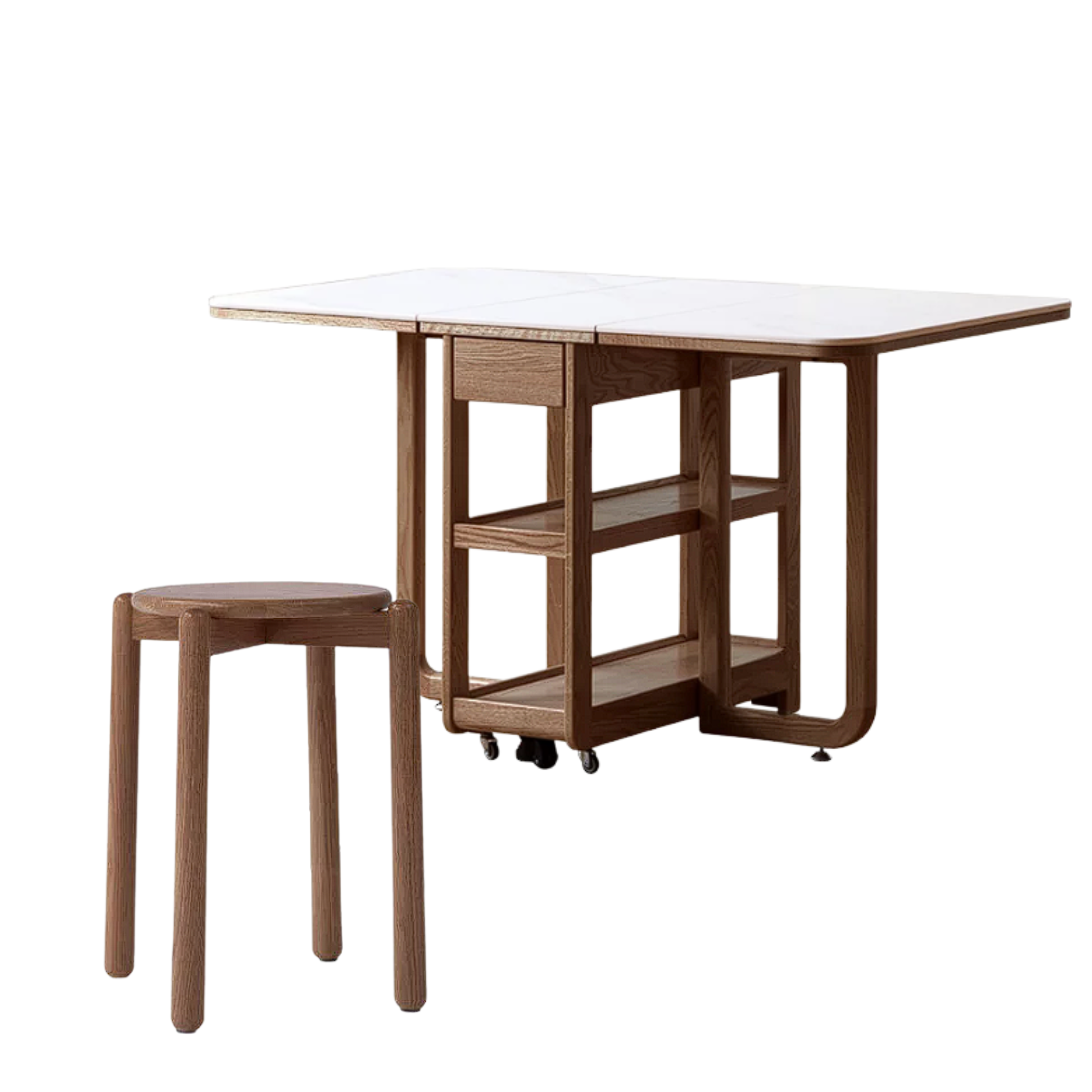 Oak, Rubberwood Solid Wood Folding Multi-Functional Storage Telescopic Dining Table