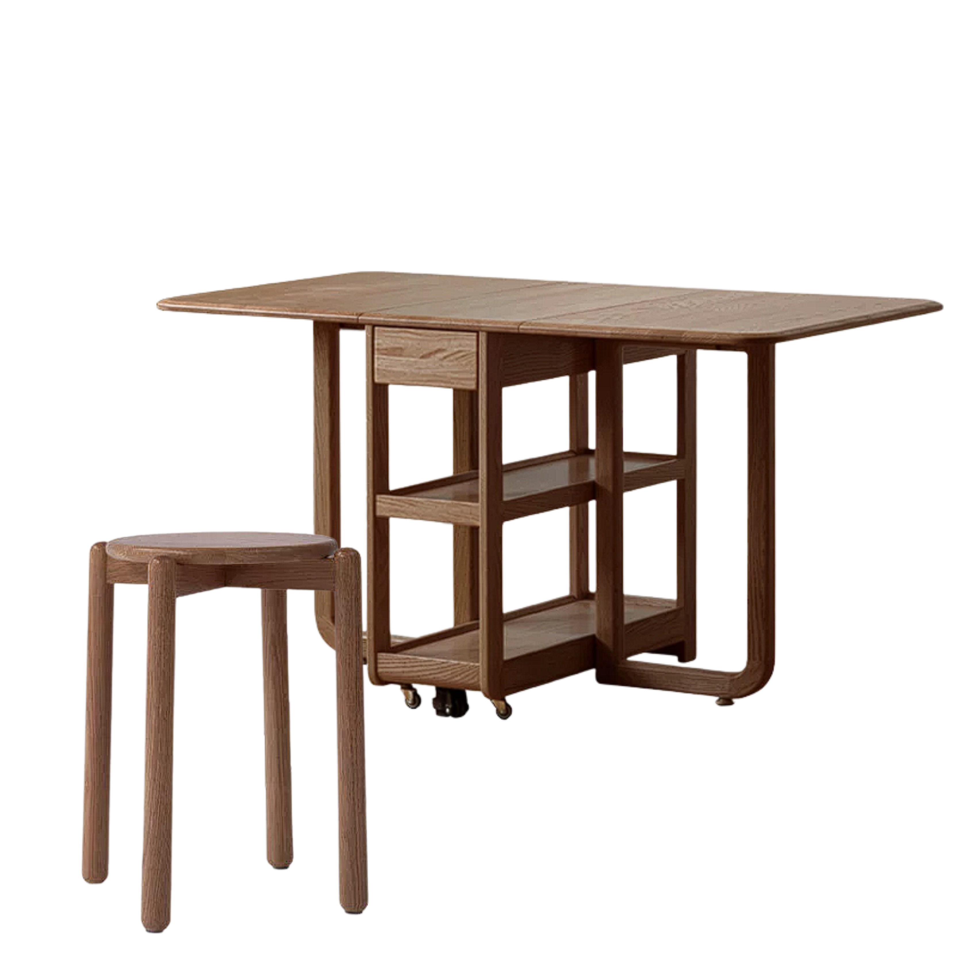 Oak, Rubberwood Solid Wood Folding Multi-Functional Storage Telescopic Dining Table