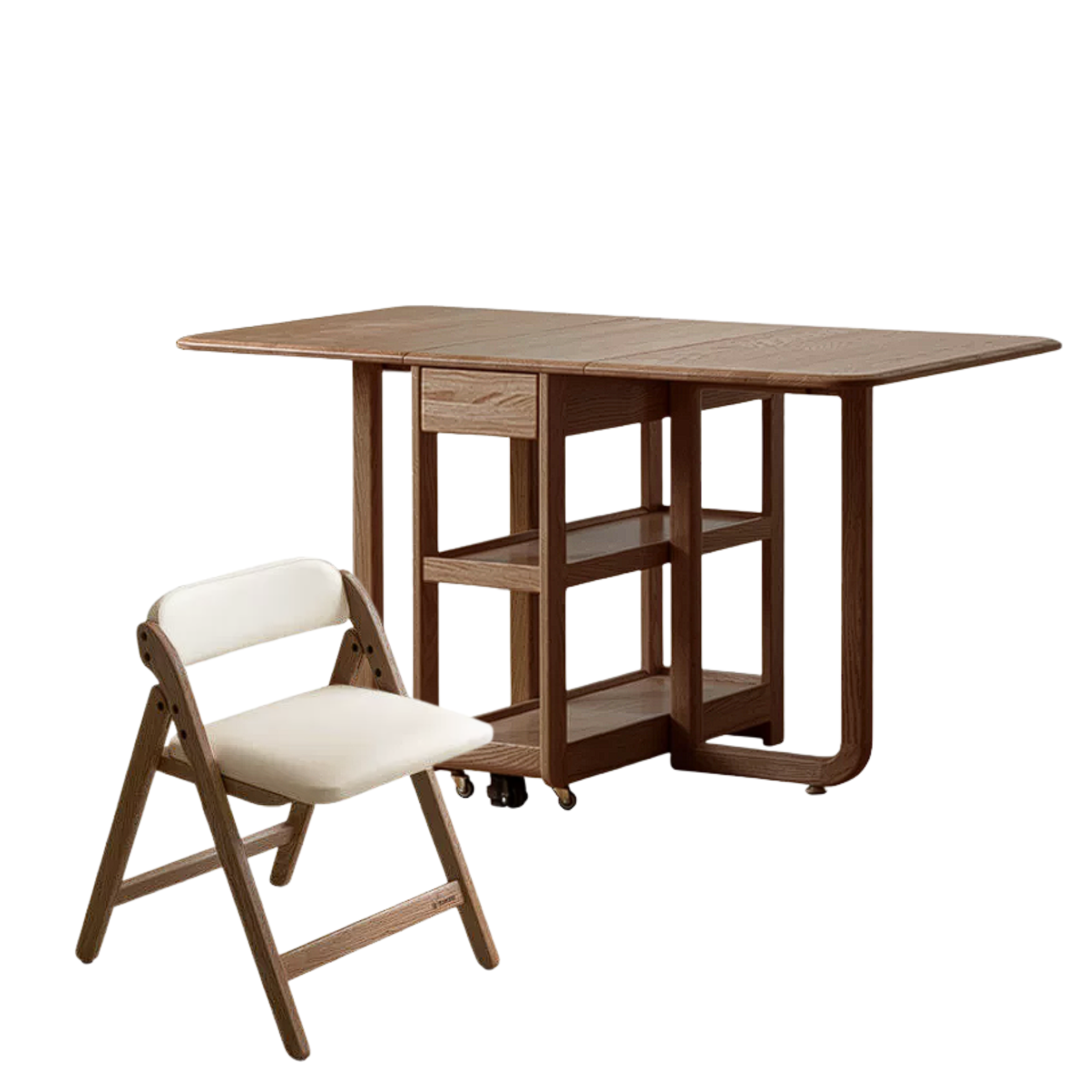 Oak, Rubberwood Solid Wood Folding Multi-Functional Storage Telescopic Dining Table