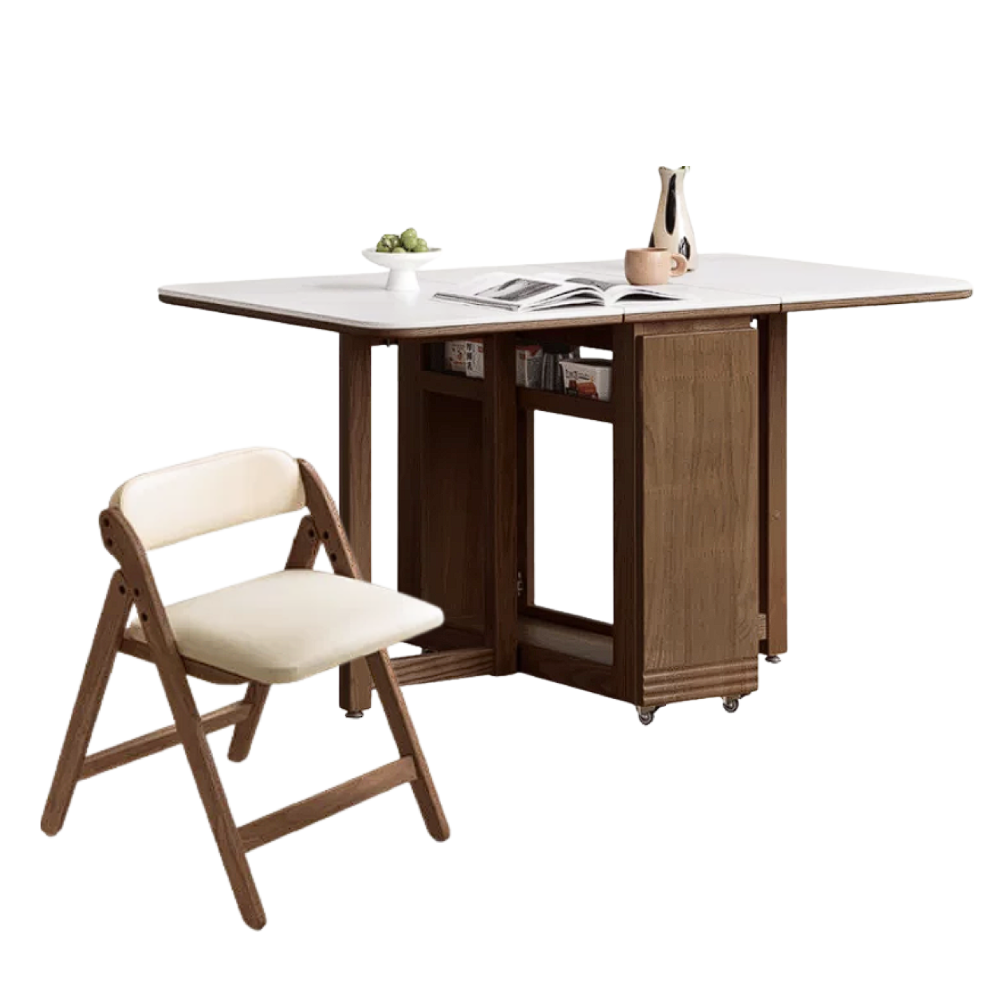 Oak, Rubberwood Solid Wood Folding Multi-Functional Storage Telescopic Dining Table