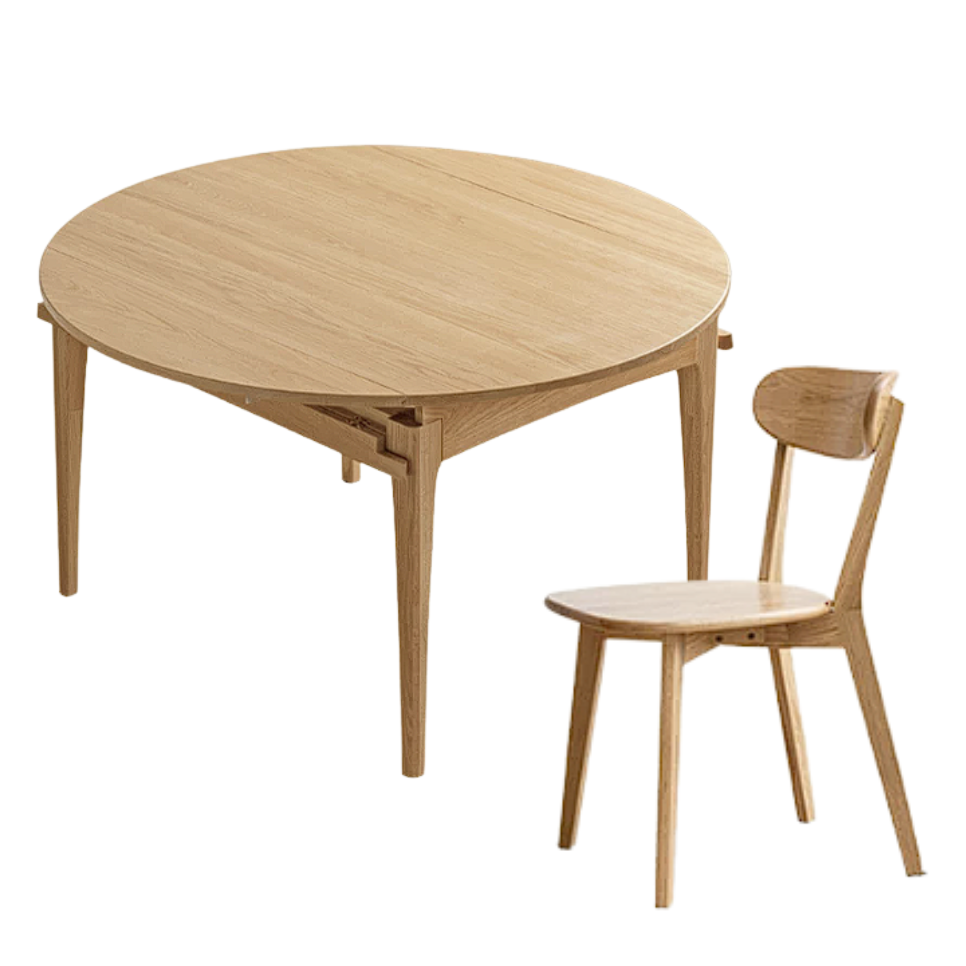Oak Solid Wood, Solid Rubberwood Folding Round Retractable Dining Table