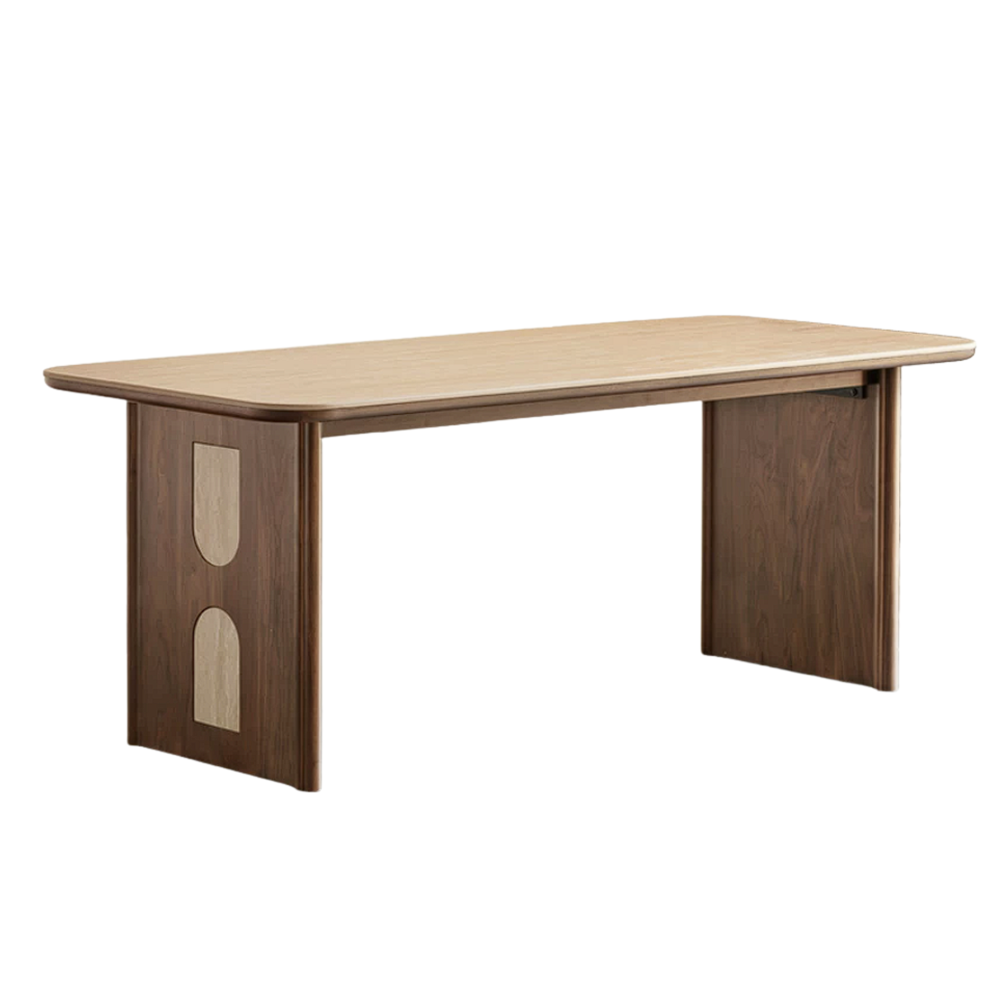Black Walnut, Golden Sandalwood Solid Wood Dining Table with Arched Cutout Panel Legs and Two-Tone Inlay
