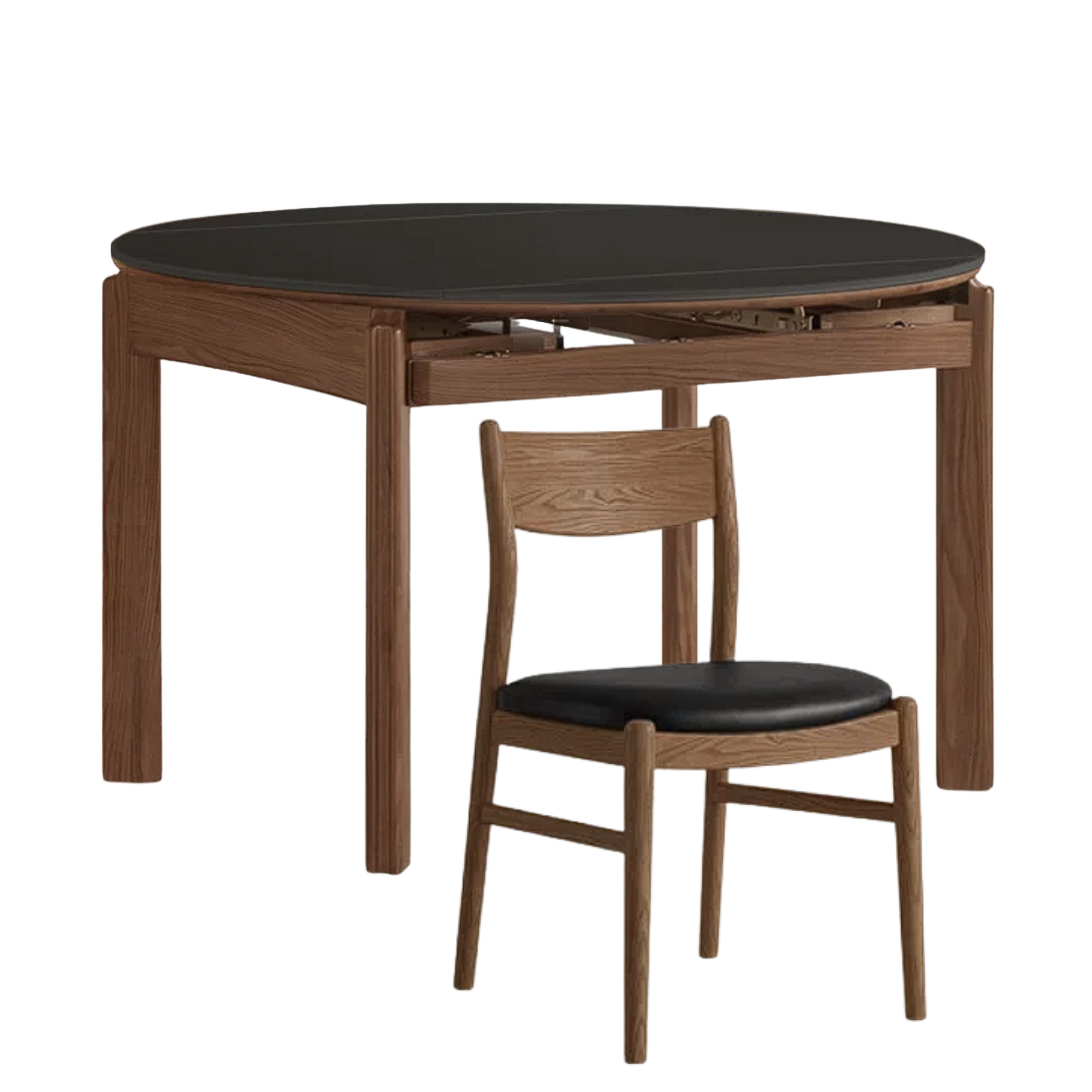 Black Walnut, Ash, White Ash Solid Wood Folding Dining Table with Rock Plate Round Top