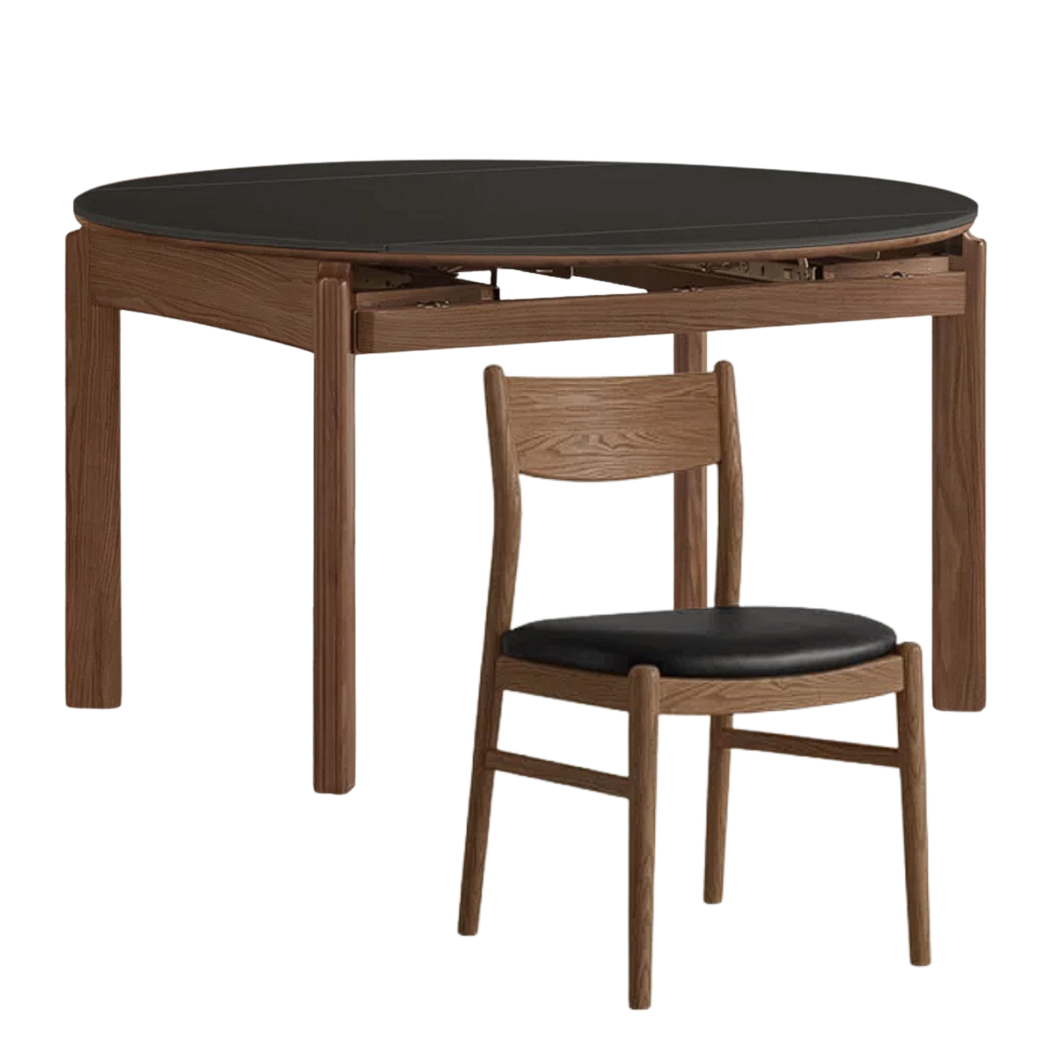 Black Walnut, Ash, White Ash Solid Wood Folding Dining Table with Rock Plate Round Top