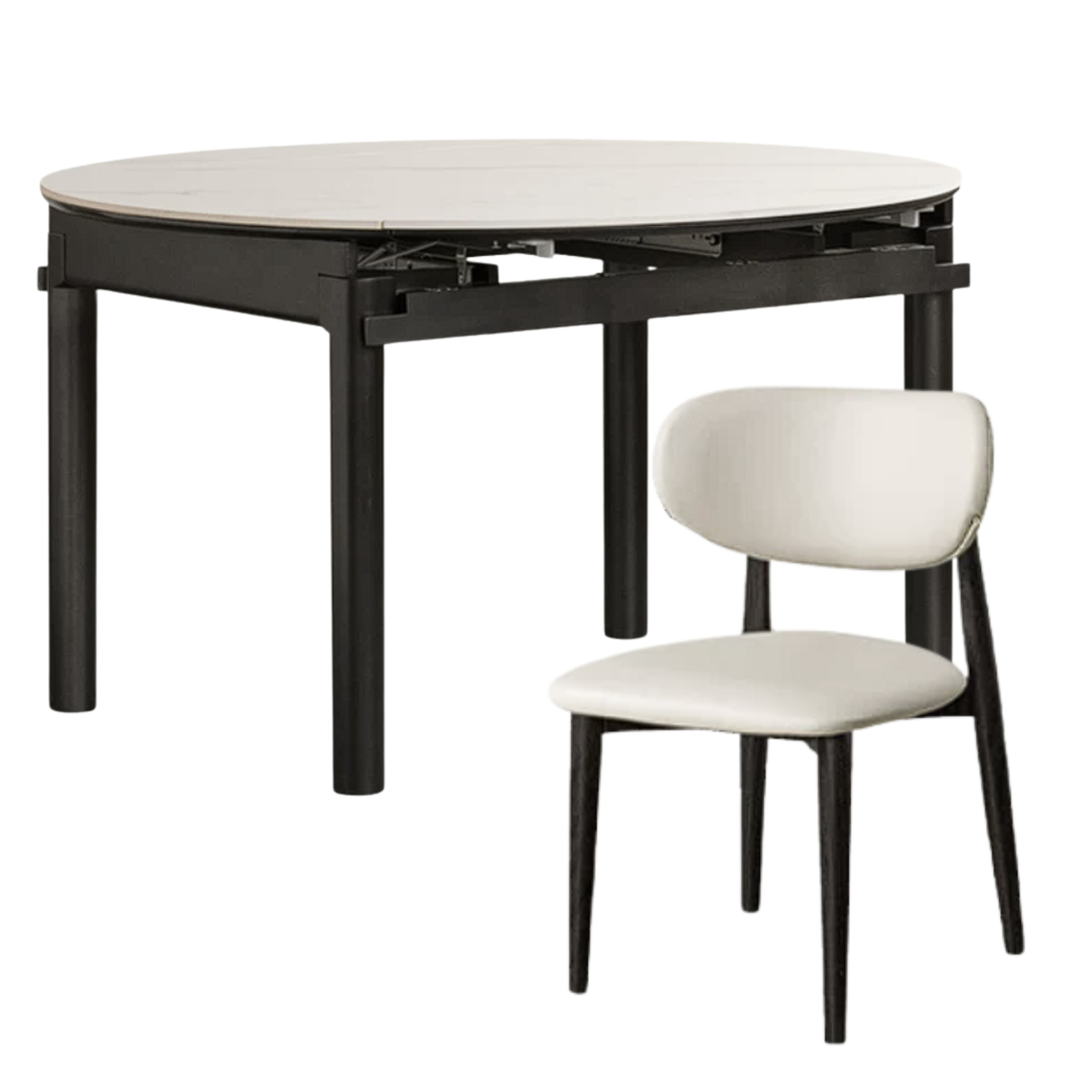 Rubberwood Solid Wood Extendable Round Dining Table with Stone Top