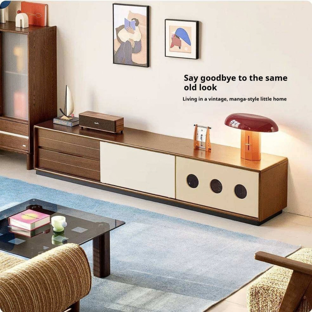 Golden Pearwood Solid Wood Mid-Century TV Stand and Corner Cabinet Set with Color-Block Circle Pulls