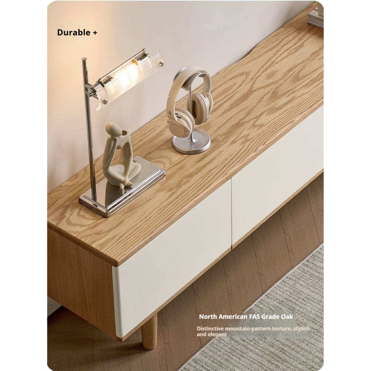 Oak Solid Wood Minimalist Scandinavian TV Console with Flat-Panel Doors and Tapered Legs