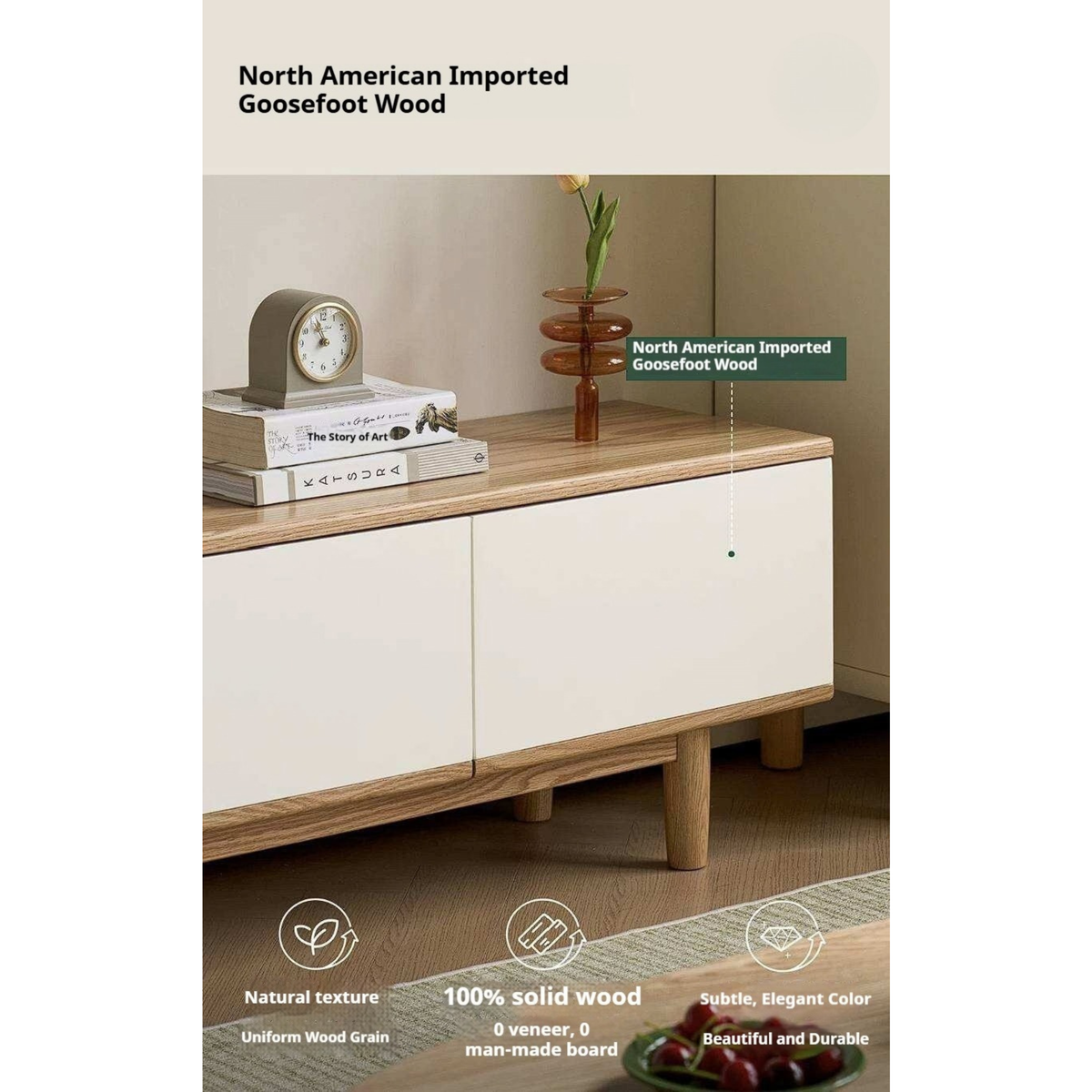 Oak Solid Wood Minimalist Scandinavian TV Console with Flat-Panel Doors and Tapered Legs