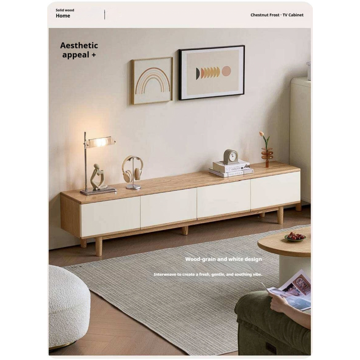 Oak Solid Wood Minimalist Scandinavian TV Console with Flat-Panel Doors and Tapered Legs