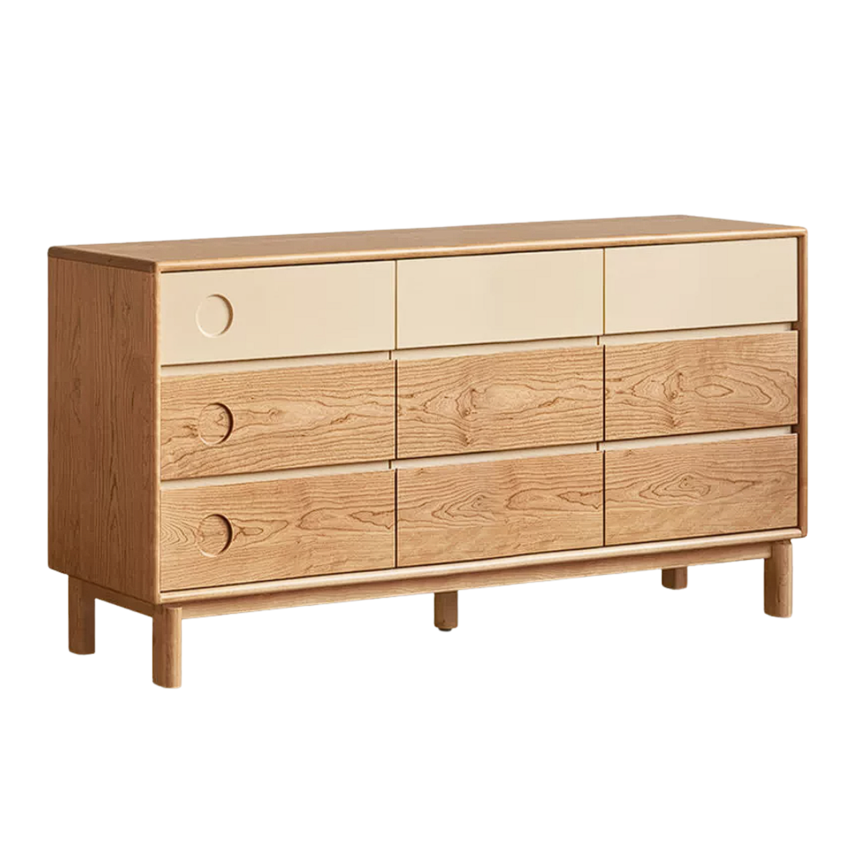 Cherry, Tulipwood Solid Wood Mid-Century Dresser with Round Cutout Handles