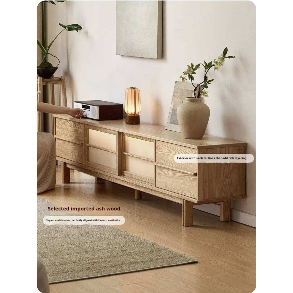 Ash Solid Wood Japanese Shoji-Style TV Console with LED Ambient Lighting