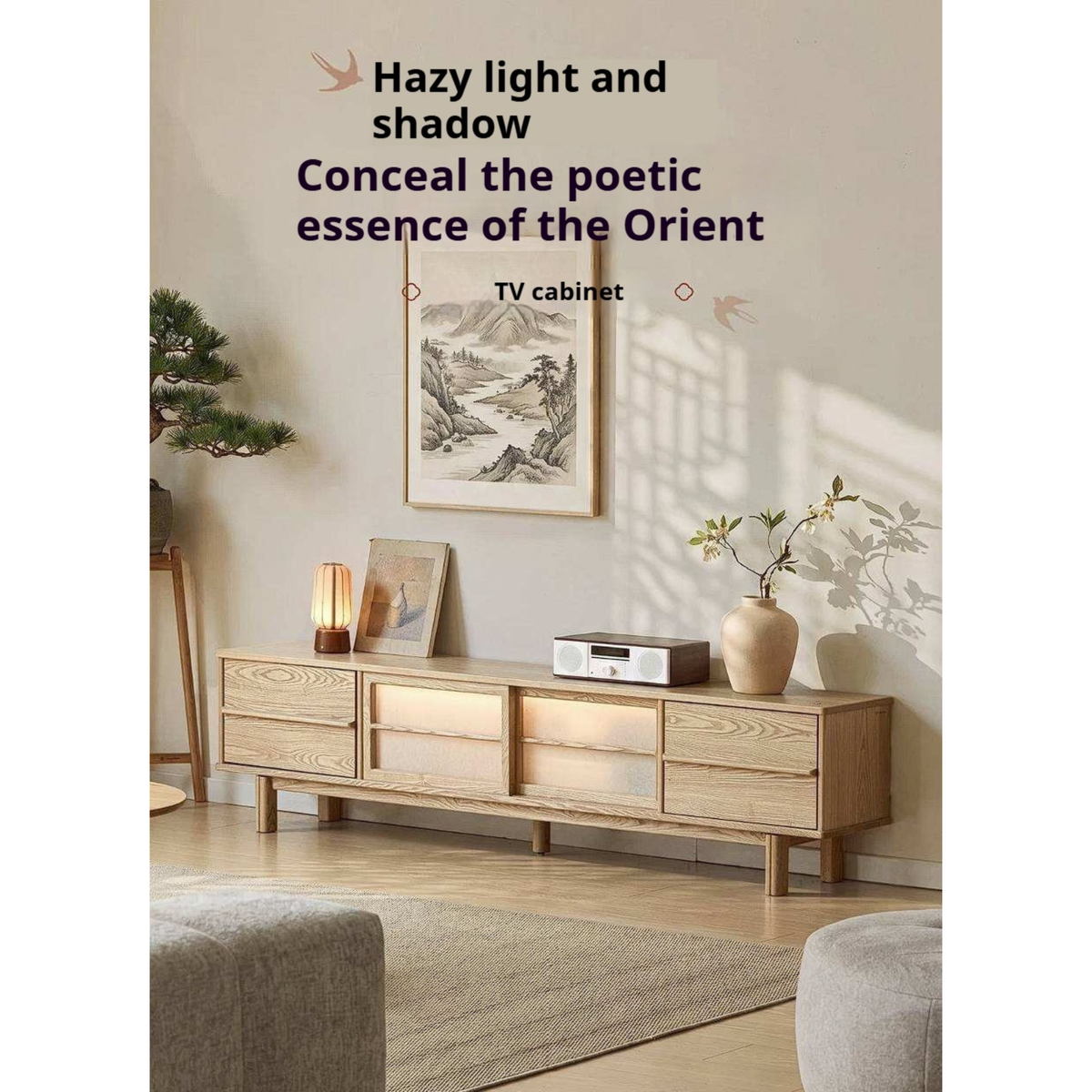 Ash Solid Wood Japanese Shoji-Style TV Console with LED Ambient Lighting