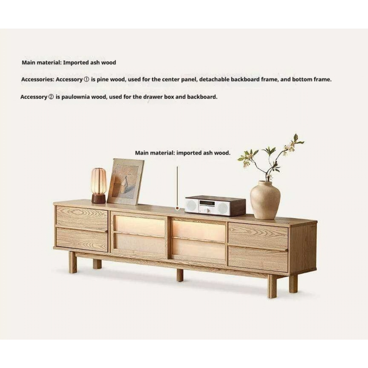 Ash Solid Wood Japanese Shoji-Style TV Console with LED Ambient Lighting