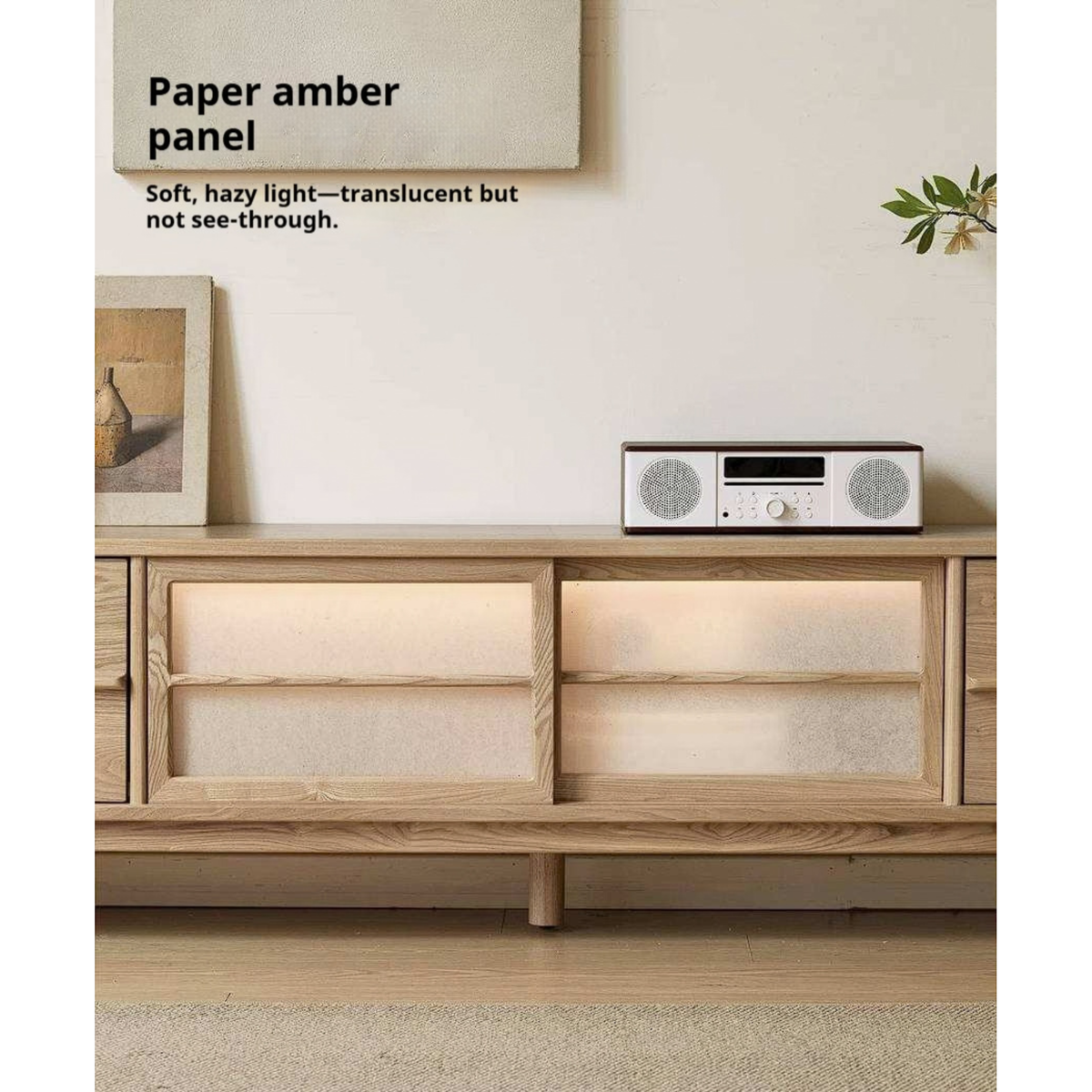 Ash Solid Wood Japanese Shoji-Style TV Console with LED Ambient Lighting