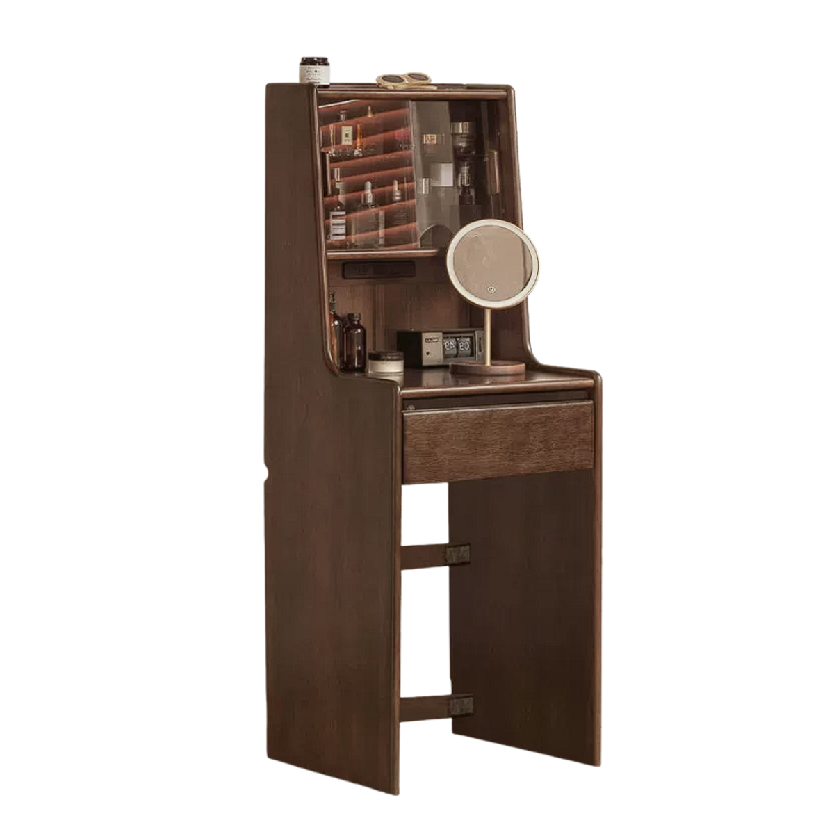 Black Walnut, Golden Pearwood Solid Wood Compact Bedside Vanity Table with LED Mirror and Pull-Out Cushioned Stool