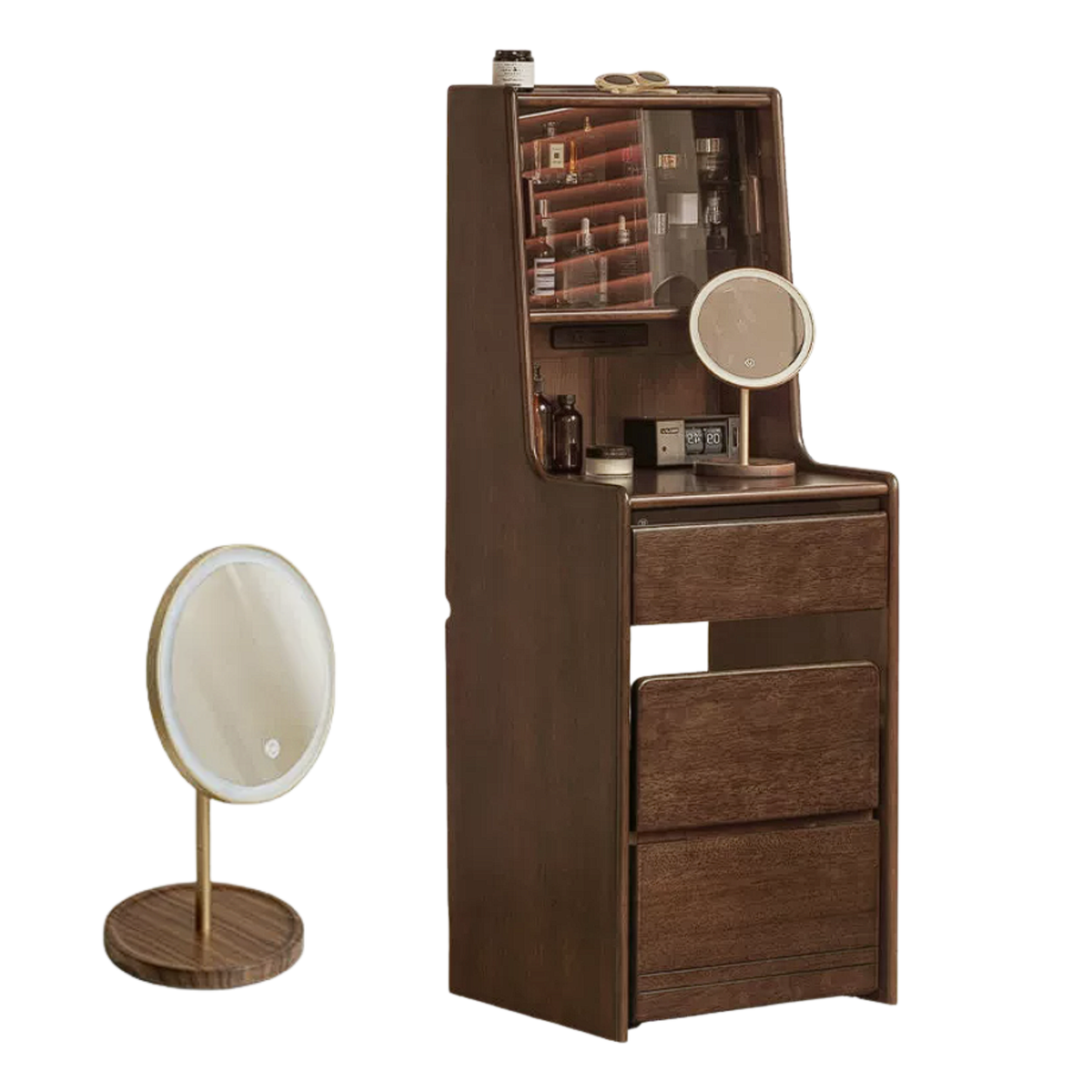 Black Walnut, Golden Pearwood Solid Wood Compact Bedside Vanity Table with LED Mirror and Pull-Out Cushioned Stool