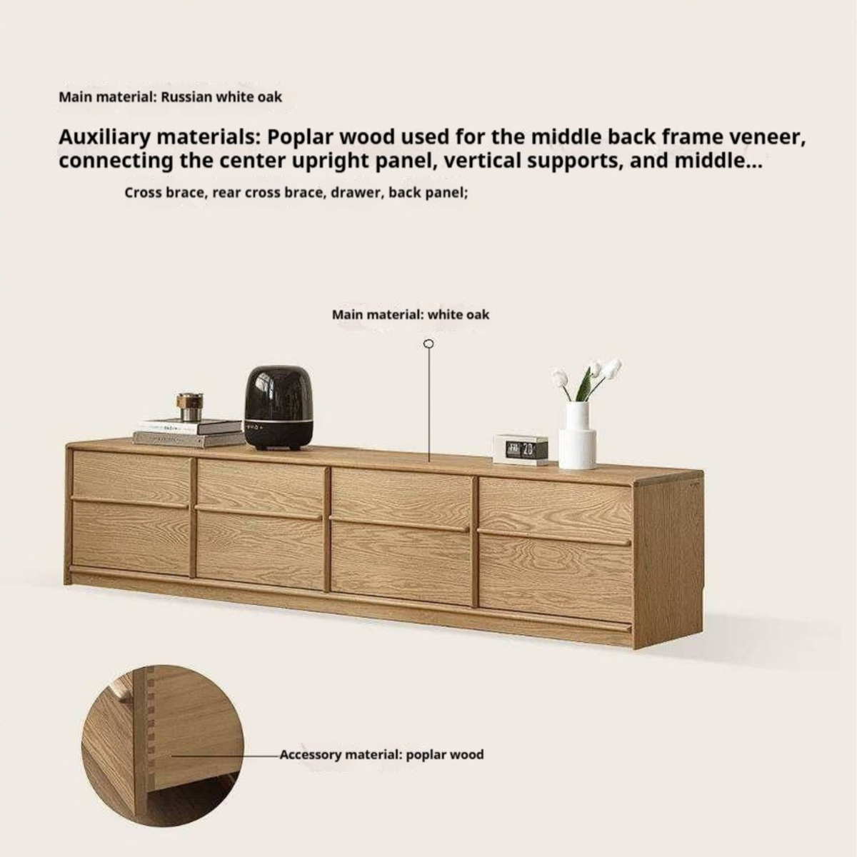 White Oak Solid Wood Scandinavian Low TV Console with Slatted Sliding Doors and Cable Management