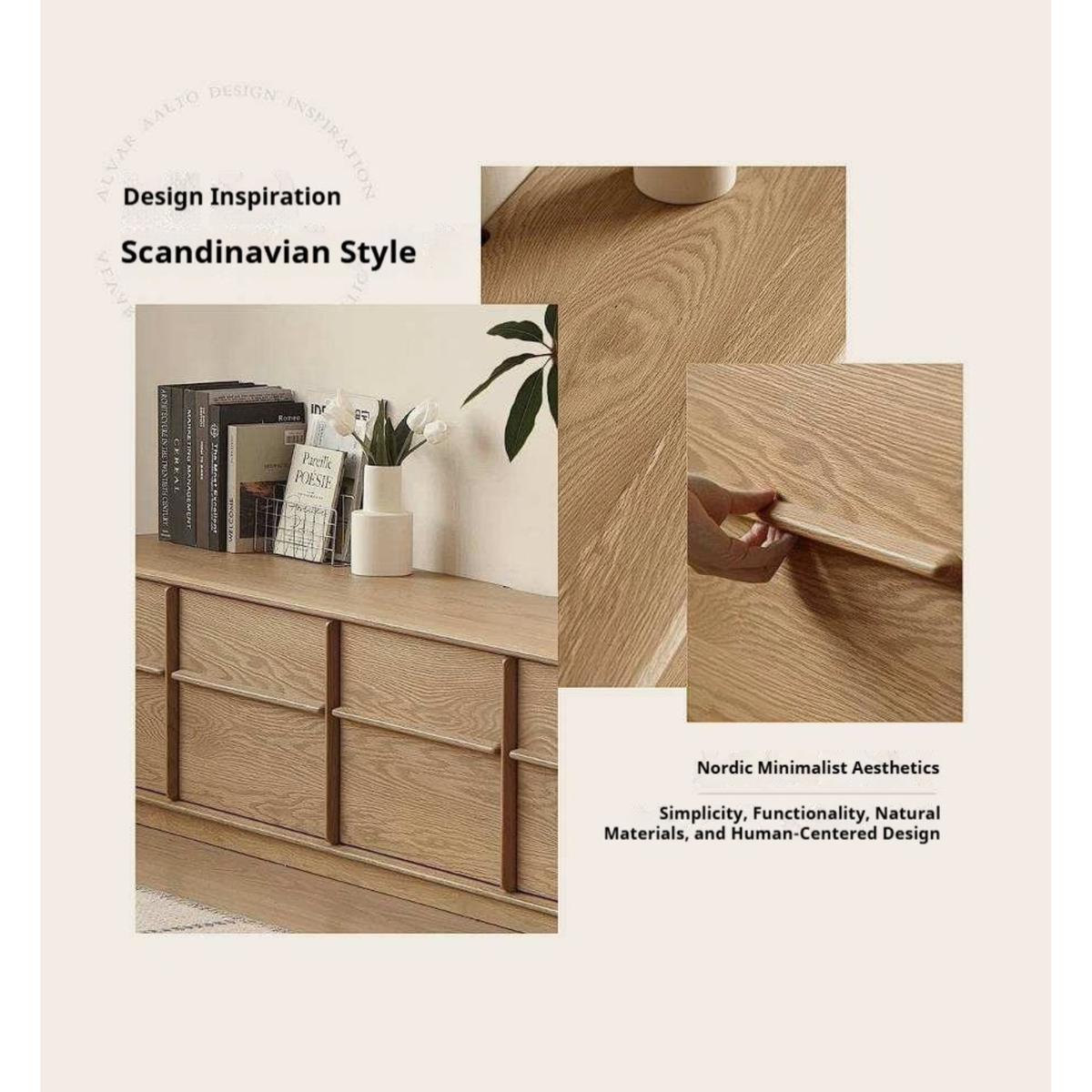 White Oak Solid Wood Scandinavian Low TV Console with Slatted Sliding Doors and Cable Management