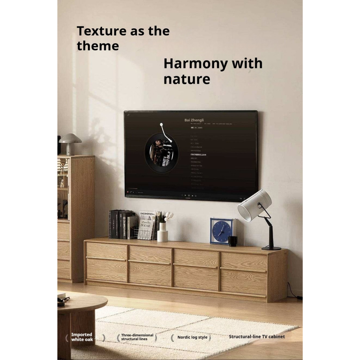 White Oak Solid Wood Scandinavian Low TV Console with Slatted Sliding Doors and Cable Management