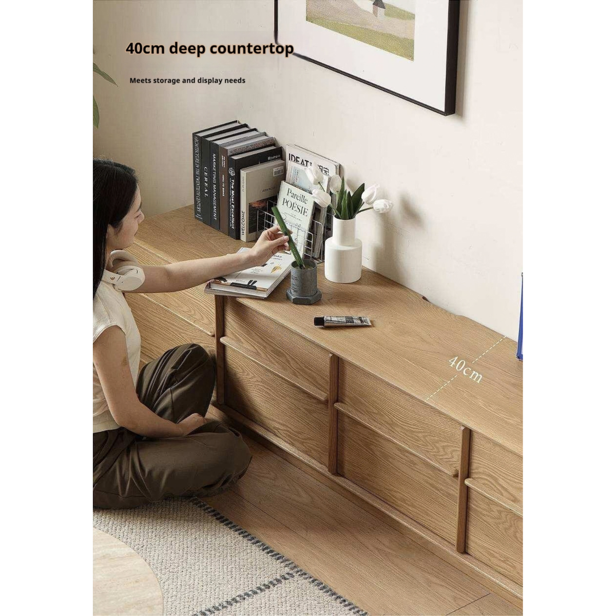 White Oak Solid Wood Scandinavian Low TV Console with Slatted Sliding Doors and Cable Management