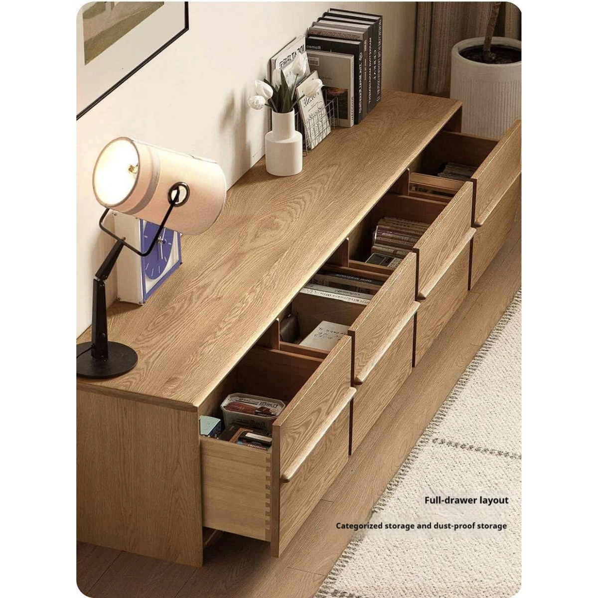White Oak Solid Wood Scandinavian Low TV Console with Slatted Sliding Doors and Cable Management