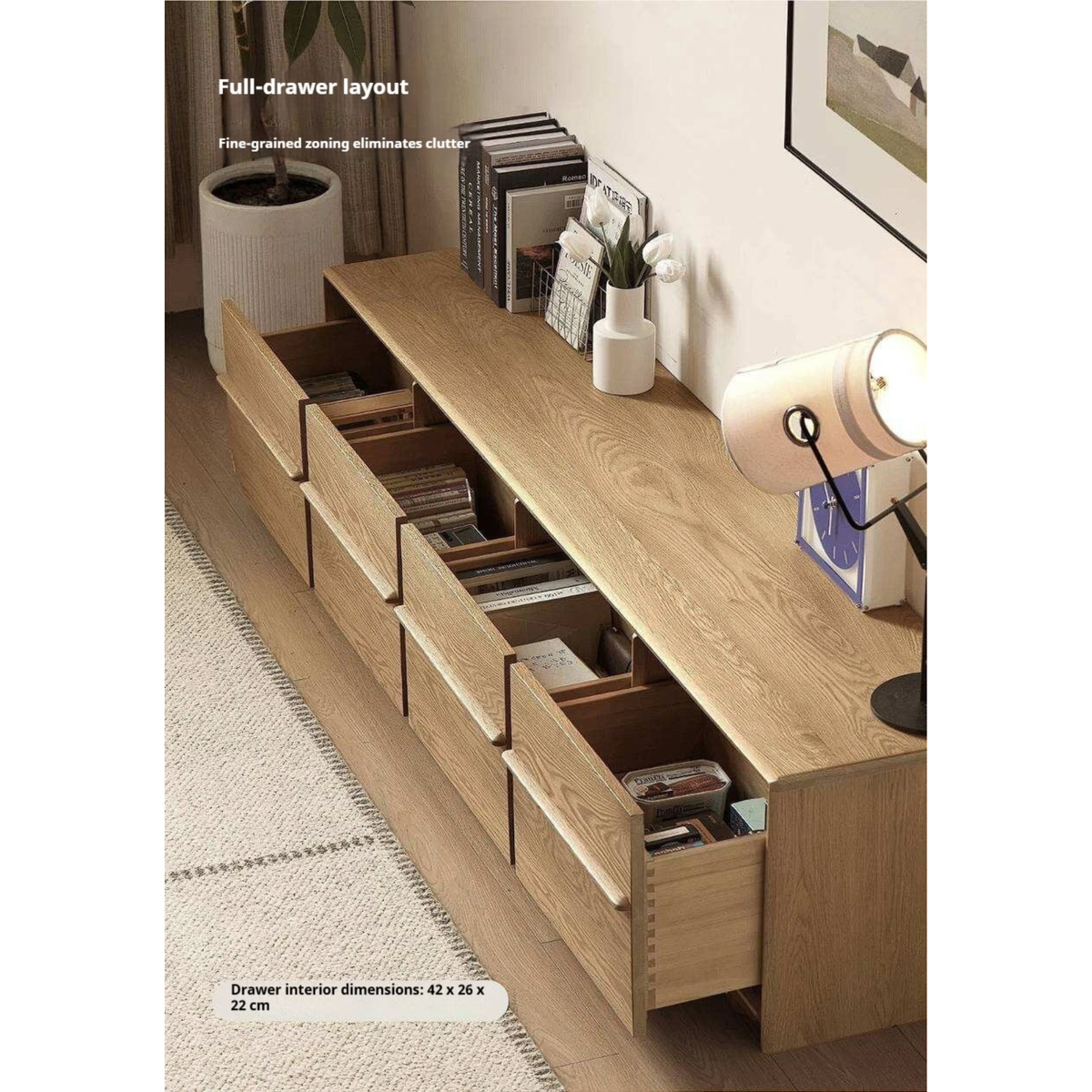White Oak Solid Wood Scandinavian Low TV Console with Slatted Sliding Doors and Cable Management