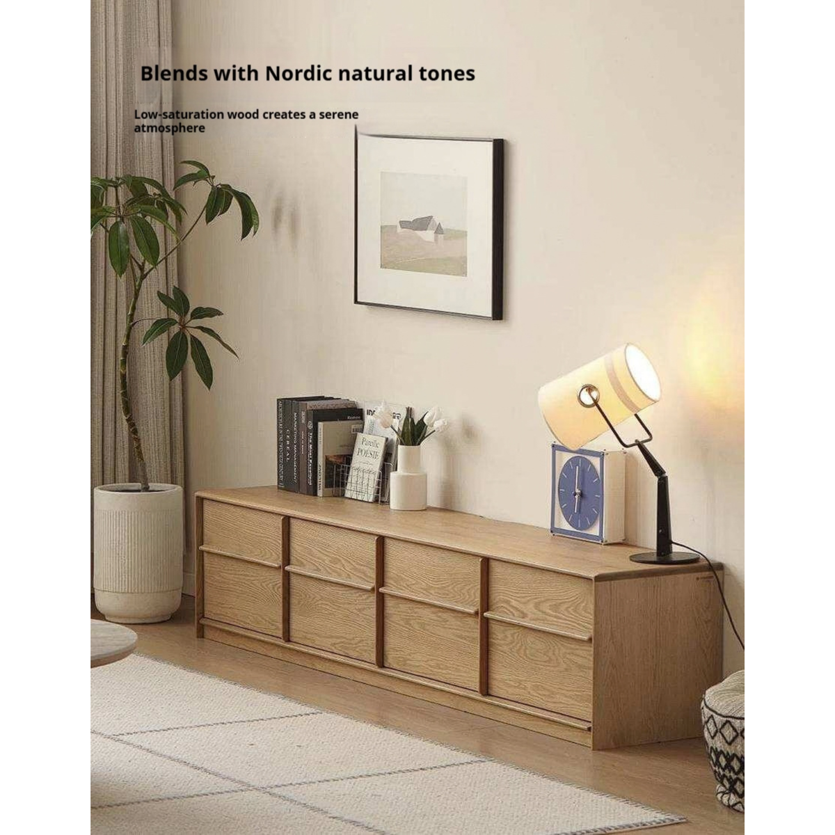 White Oak Solid Wood Scandinavian Low TV Console with Slatted Sliding Doors and Cable Management