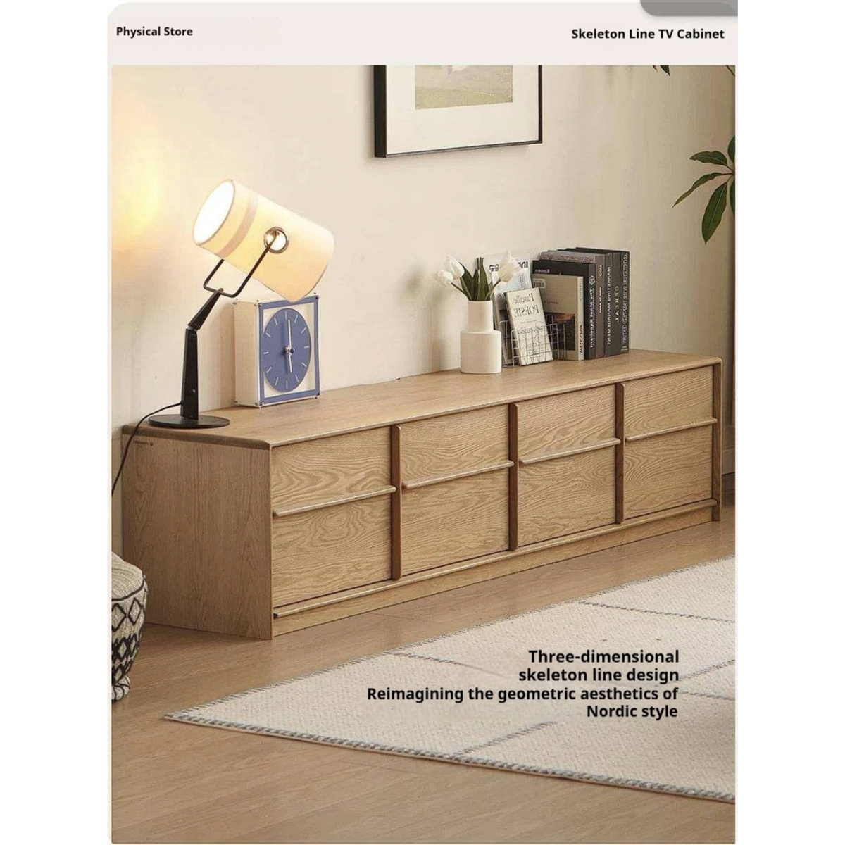 White Oak Solid Wood Scandinavian Low TV Console with Slatted Sliding Doors and Cable Management