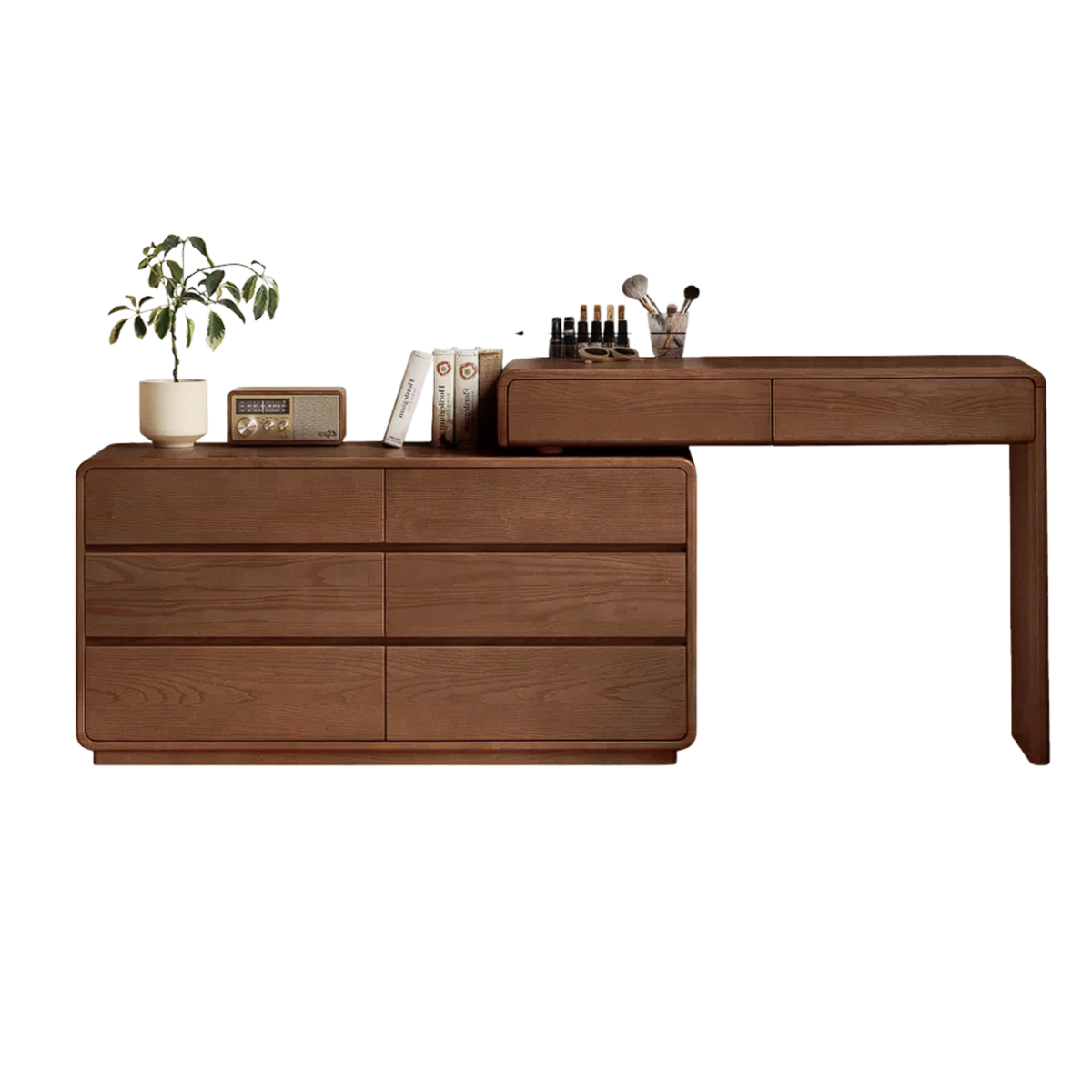 Black Walnut Solid Wood Reversible Dresser and Vanity Desk Combo with Cantilevered Extension