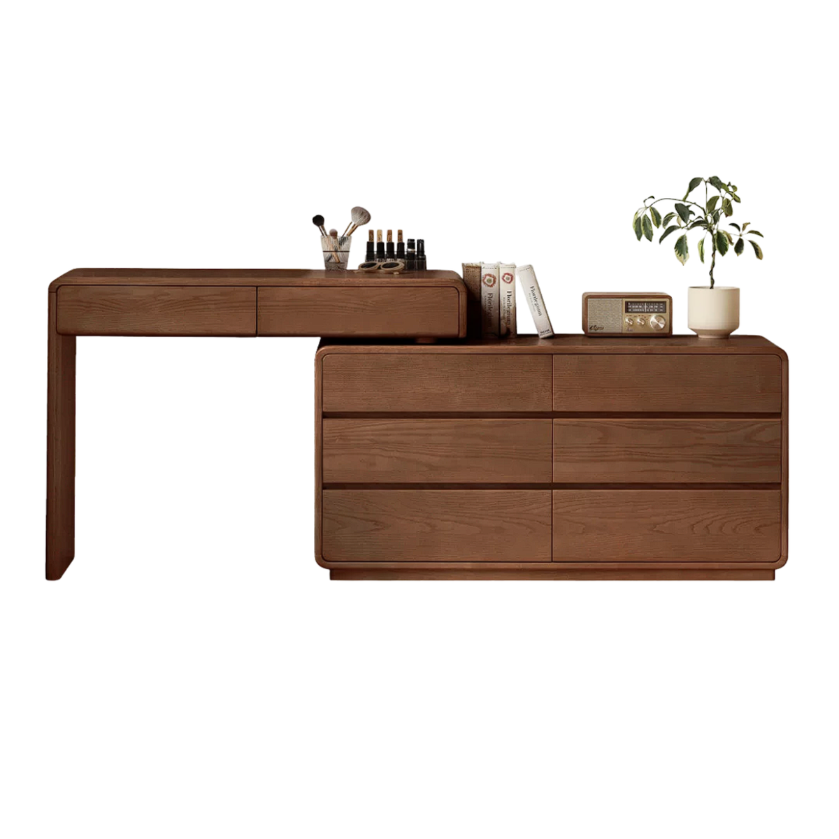 Black Walnut Solid Wood Reversible Dresser and Vanity Desk Combo with Cantilevered Extension