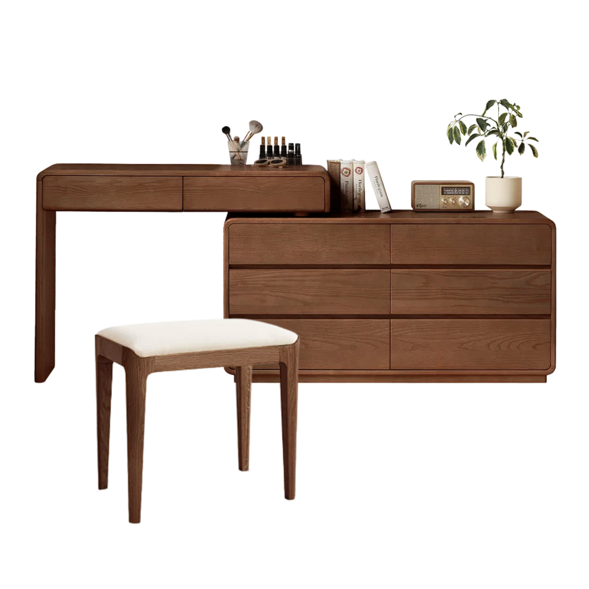 Black Walnut Solid Wood Reversible Dresser and Vanity Desk Combo with Cantilevered Extension