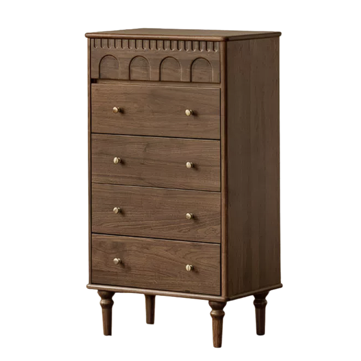 Solid wood French Vintage Dresser with Arched Scalloped Top Molding and Brass Knobs