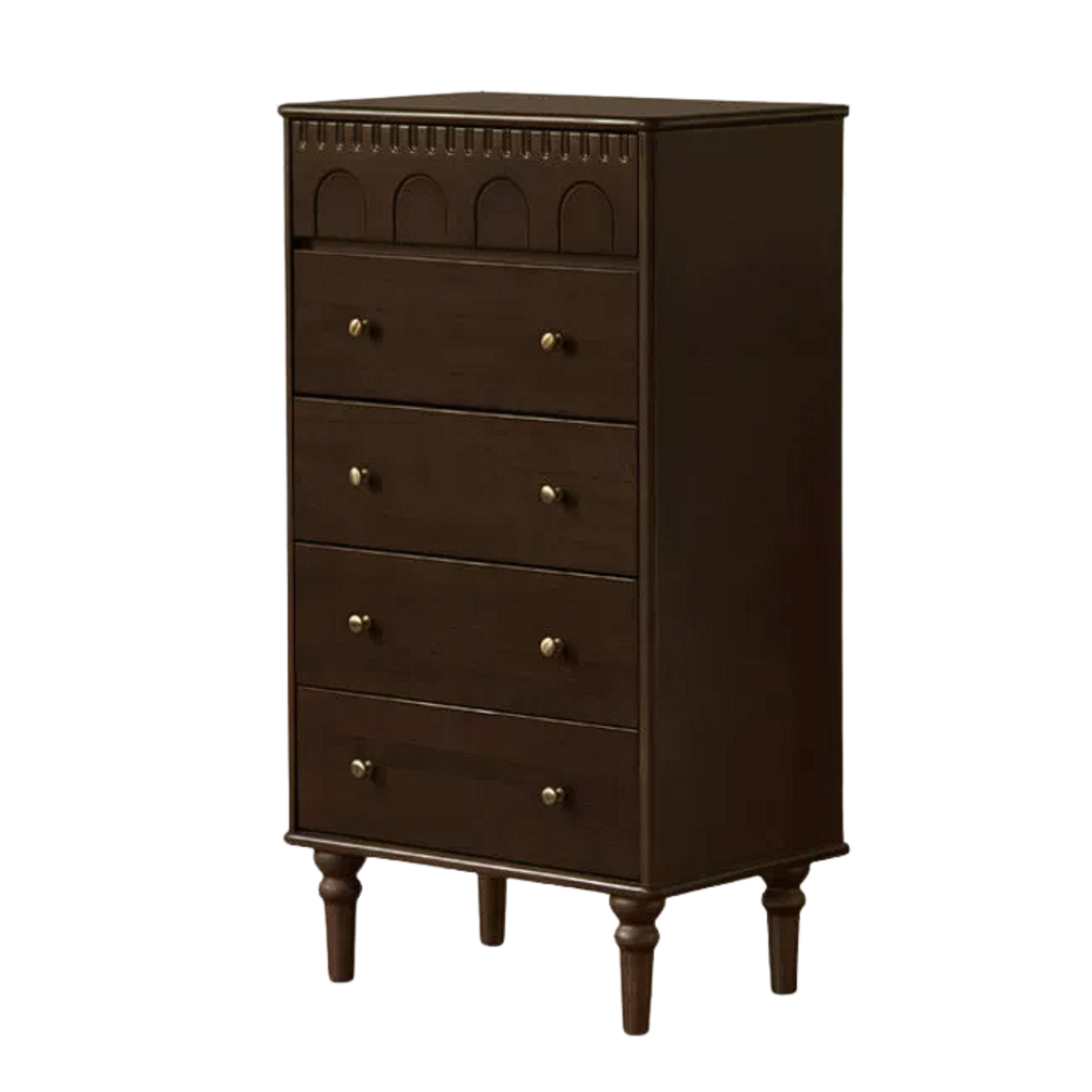 Solid wood French Vintage Dresser with Arched Scalloped Top Molding and Brass Knobs