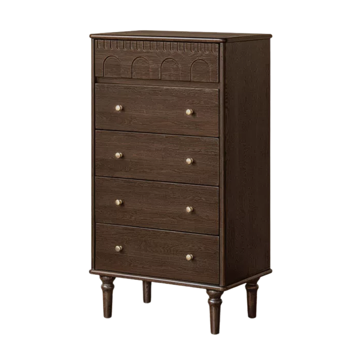 Solid wood French Vintage Dresser with Arched Scalloped Top Molding and Brass Knobs