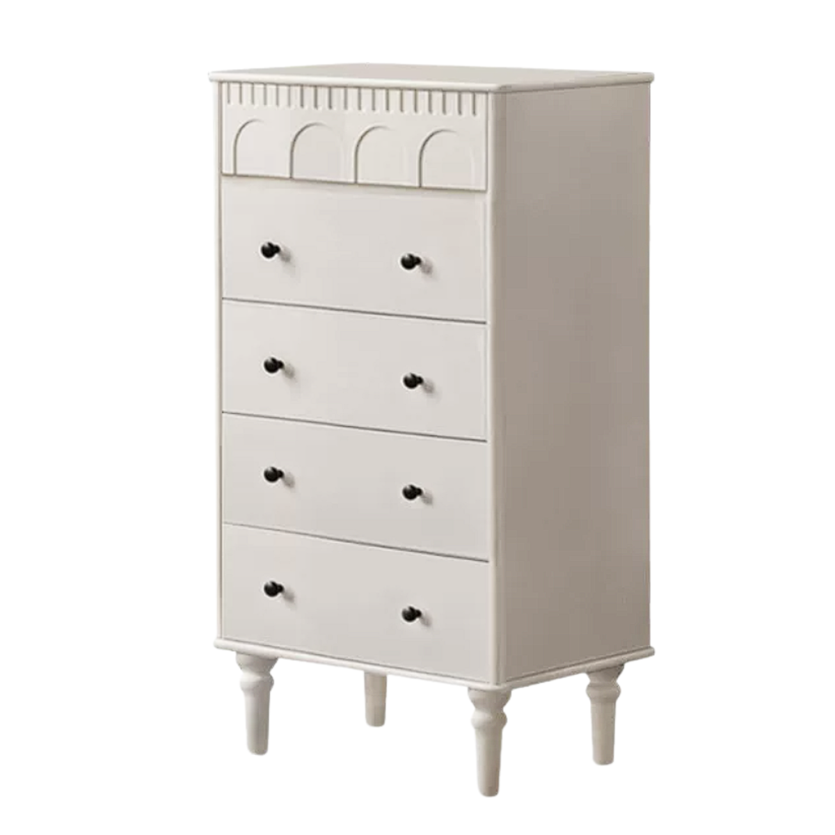 Solid wood French Vintage Dresser with Arched Scalloped Top Molding and Brass Knobs