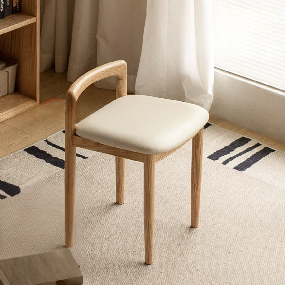 Oak, Cherry, Beech Solid Wood Upholstered Vanity Stool with Curved Wood Back