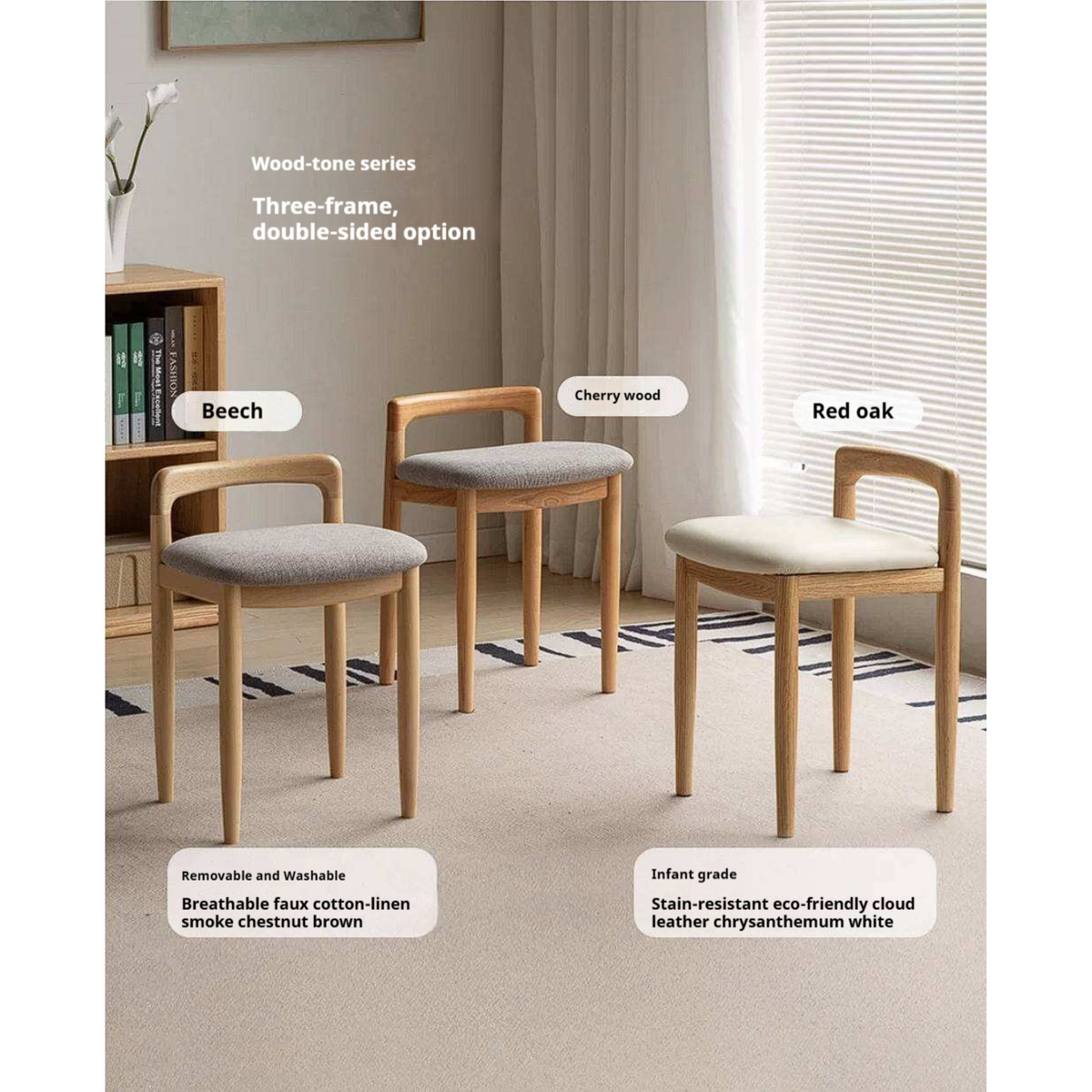 Oak, Cherry, Beech Solid Wood Upholstered Vanity Stool with Curved Wood Back