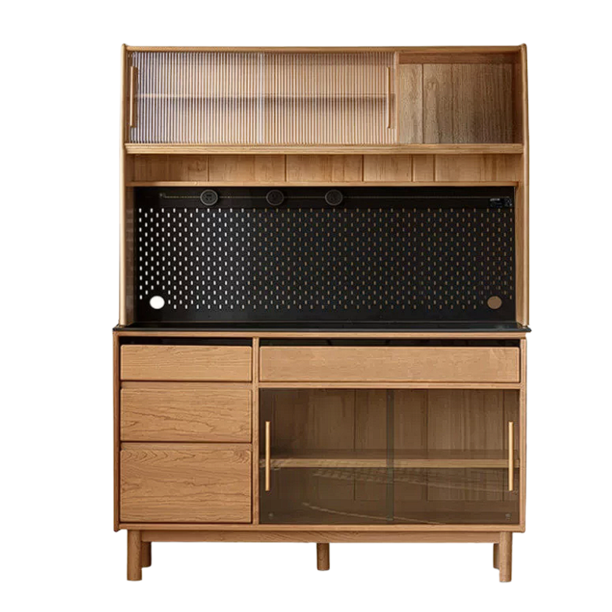 Cherry Solid Wood Sideboard Buffet with Black Sintered Stone Top, Optional Hutch and Power Outlet Track