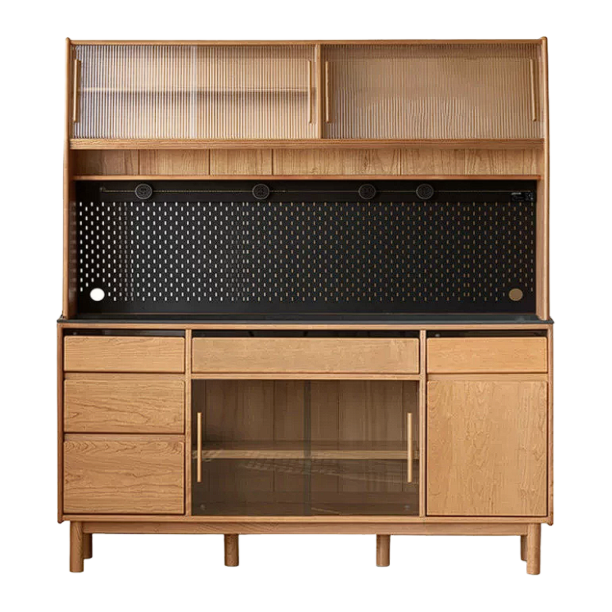 Cherry Solid Wood Sideboard Buffet with Black Sintered Stone Top, Optional Hutch and Power Outlet Track