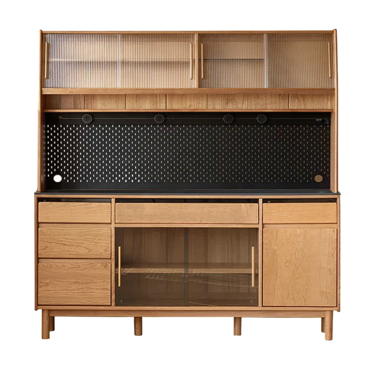 Cherry Solid Wood Sideboard Buffet with Black Sintered Stone Top, Optional Hutch and Power Outlet Track
