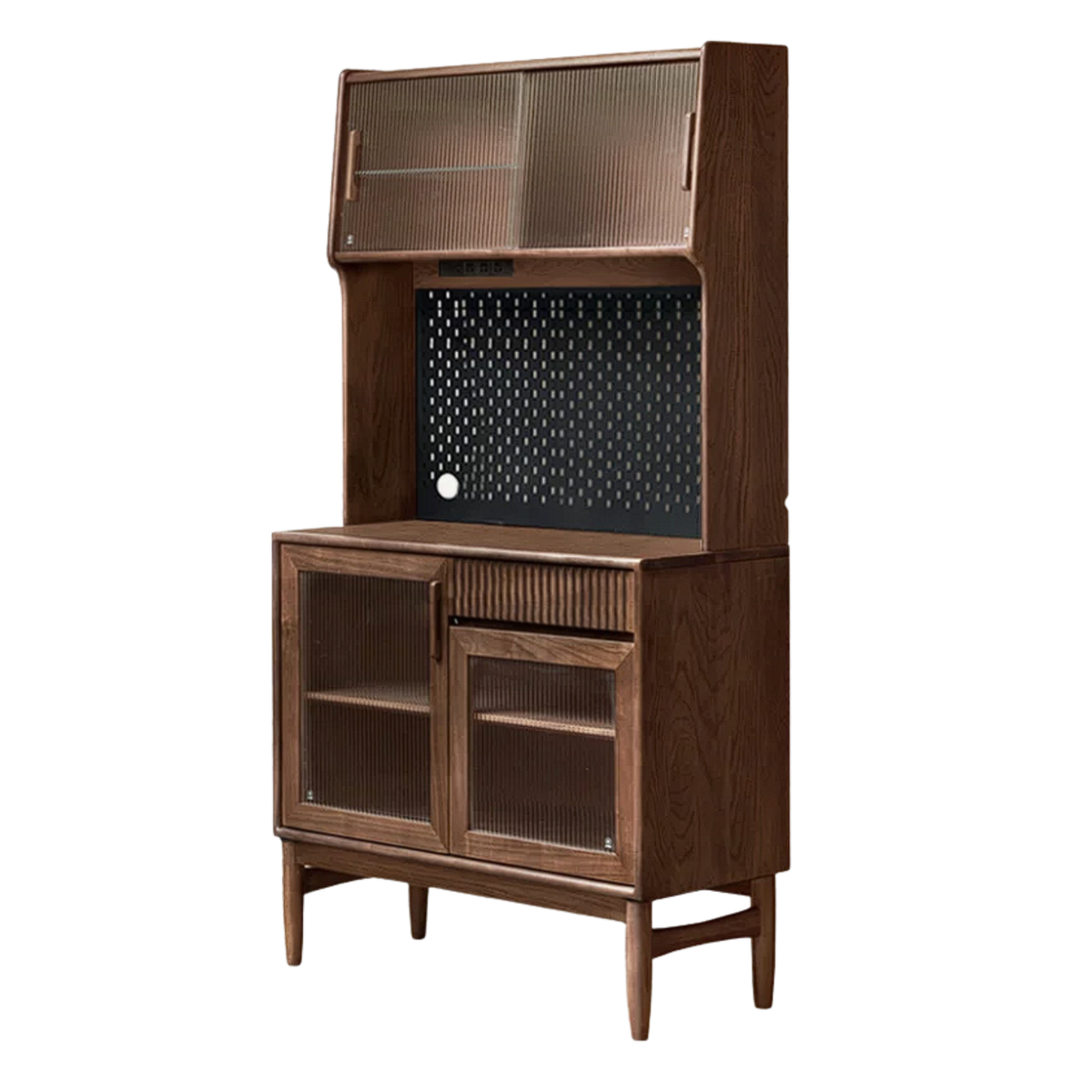 Oak, Black Walnut, South American Walnut, Solid Longan Hardwood, Red Zebrawood Solid Wood Kitchen Pantry Hutch with Pegboard and Sliding Glass Door