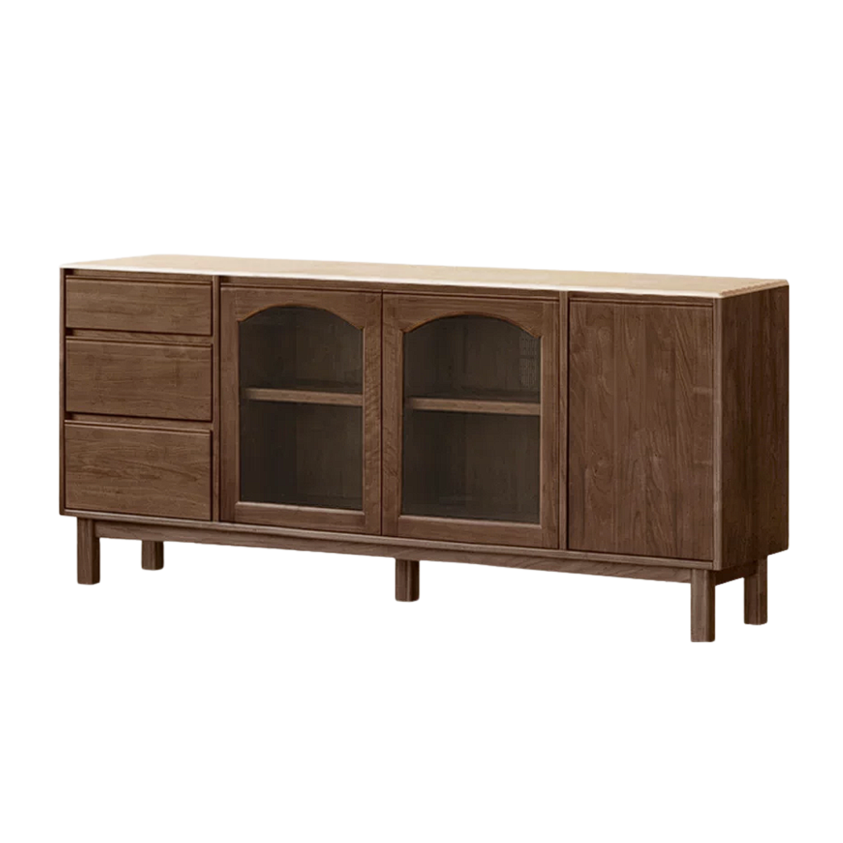 Black Walnut, Golden Sandalwood Solid Wood Retro Buffet Sideboard with Travertine Top and Optional Hutch