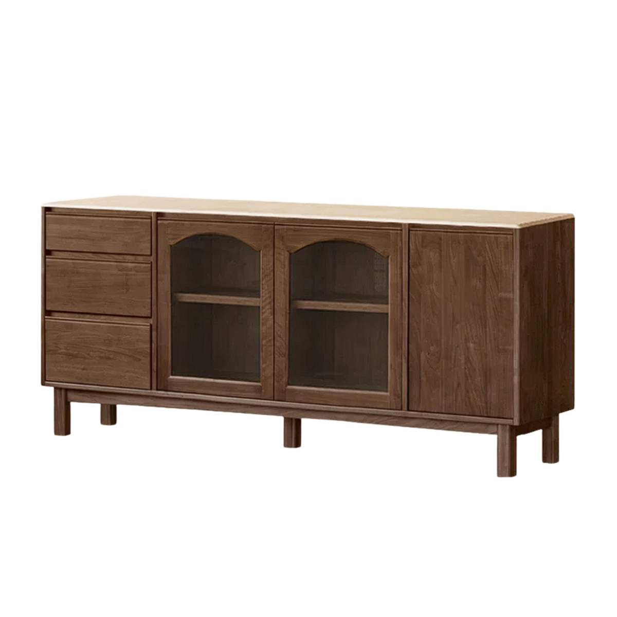 Black Walnut, Golden Sandalwood Solid Wood Retro Buffet Sideboard with Travertine Top and Optional Hutch