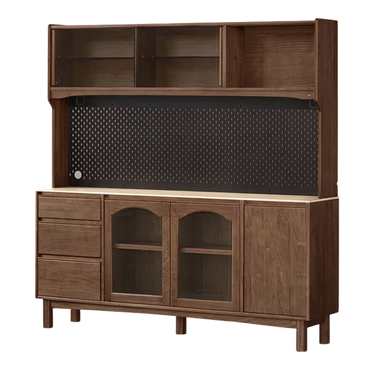 Black Walnut, Golden Sandalwood Solid Wood Retro Buffet Sideboard with Travertine Top and Optional Hutch